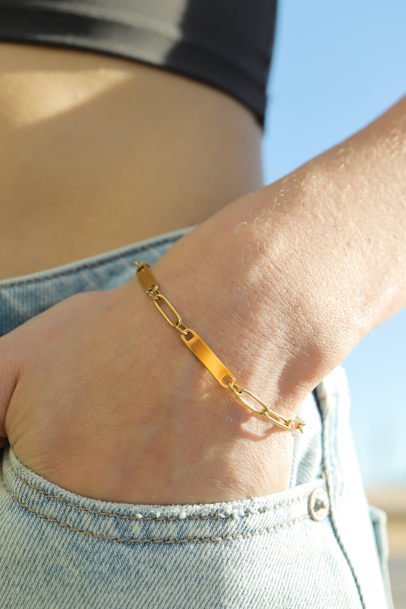 30pc 18K Gold PVD Coated Stainless Steel Engravable Paperclip Bar Necklace Bracelet Set / BND0023、mySite、dreamappss