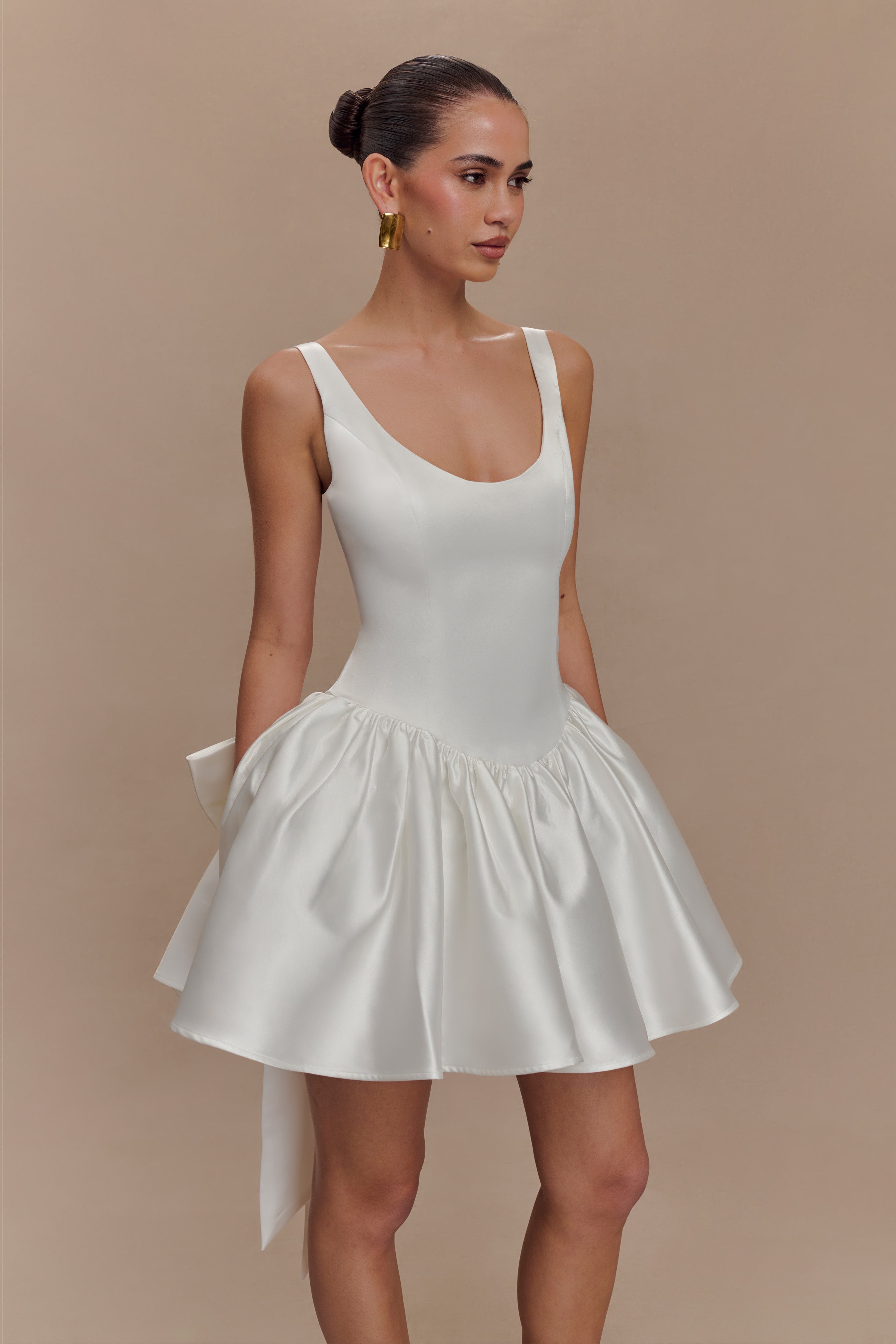 Felicia Satin Mini Dress With Bow - White、mySite、solidvoid