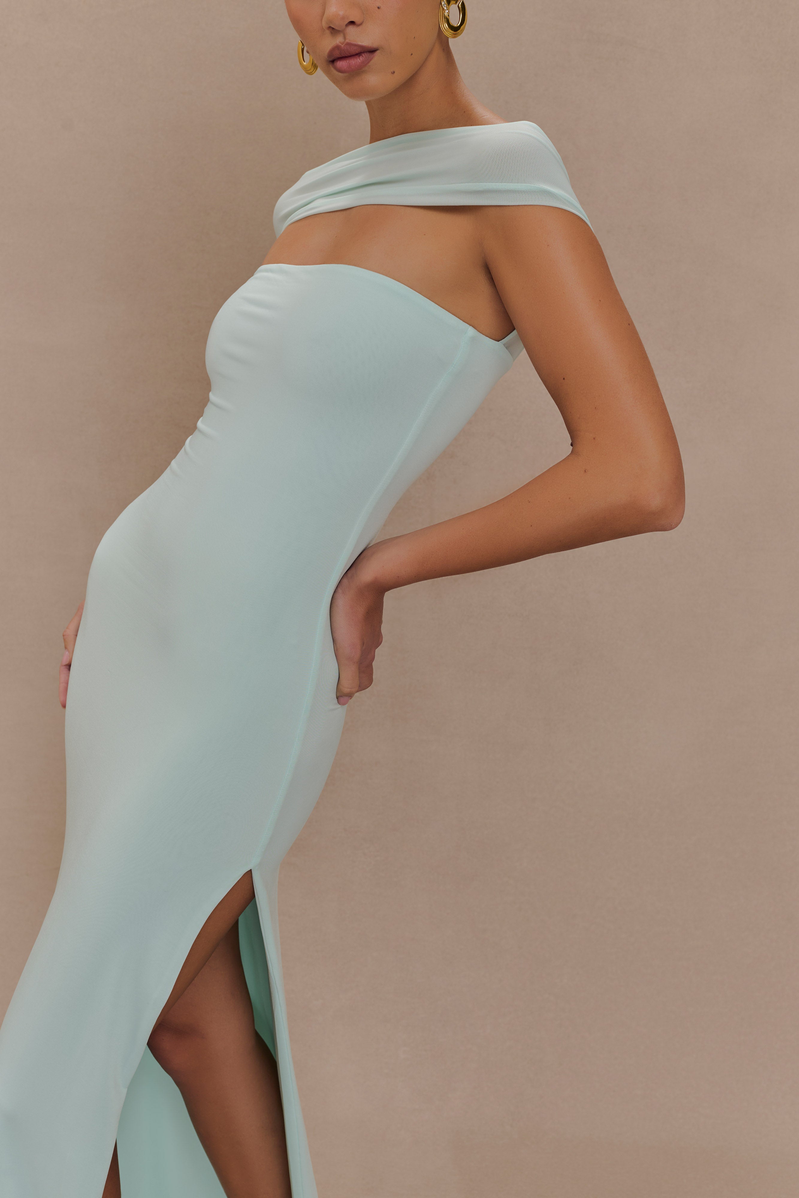 Aurora Slinky And Mesh Split Maxi Dress - Lagoon、mySite、solidvoid