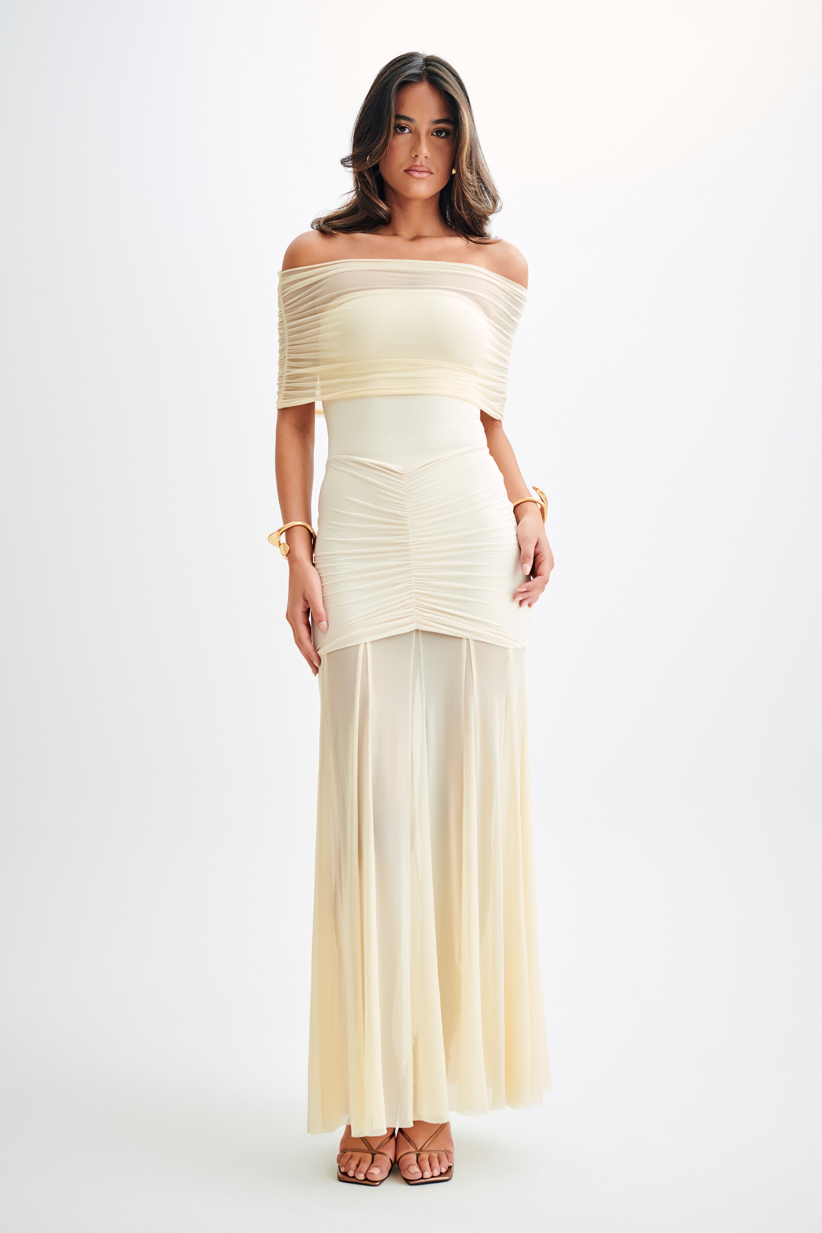 Caspian Slinky And Mesh Off Shoulder Maxi Dress - Ivory、mySite、solidvoid