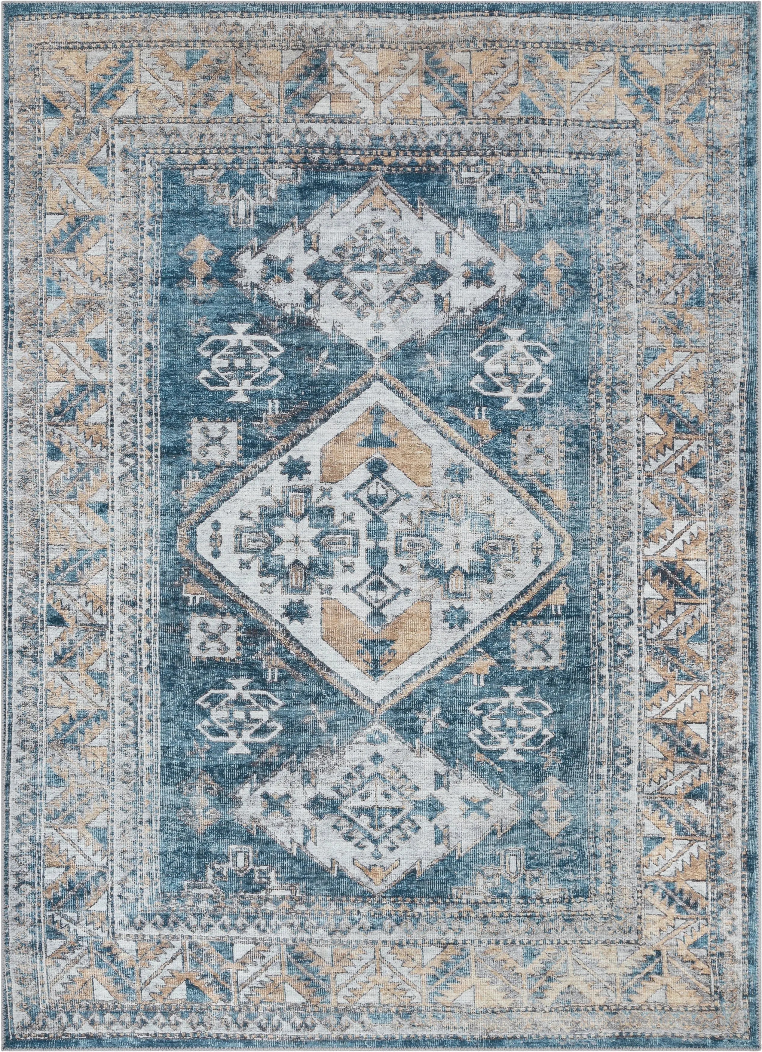 Habra Machine Washable Vintage Medallion Oriental Light Blue Flat-Weave Distressed Rug、mySite、gigharbornorthrealestate