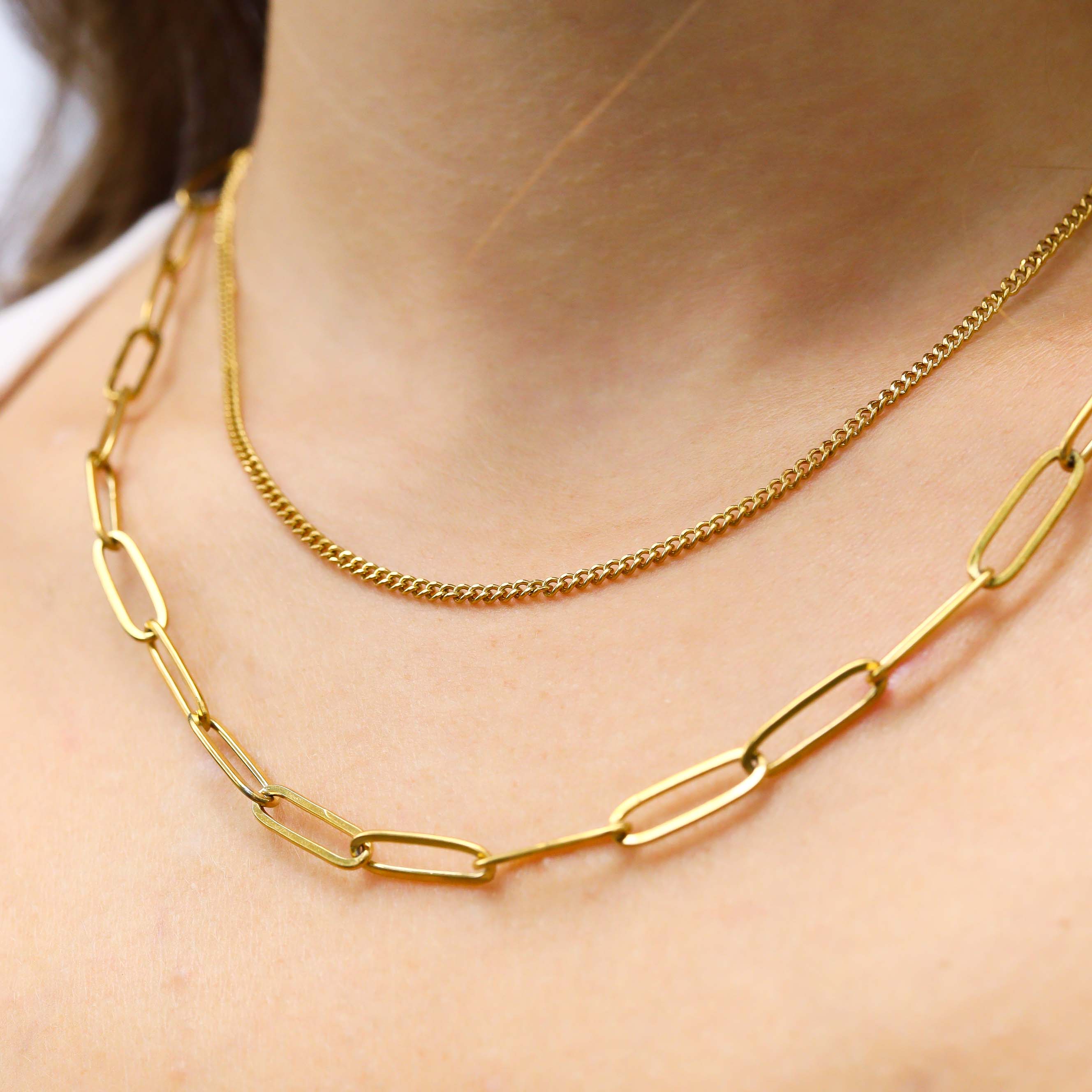 18K Gold PVD Stainless Steel Dainty Curb and Paperclip Layered Chain Necklace / CHN0019、mySite、dreamappss