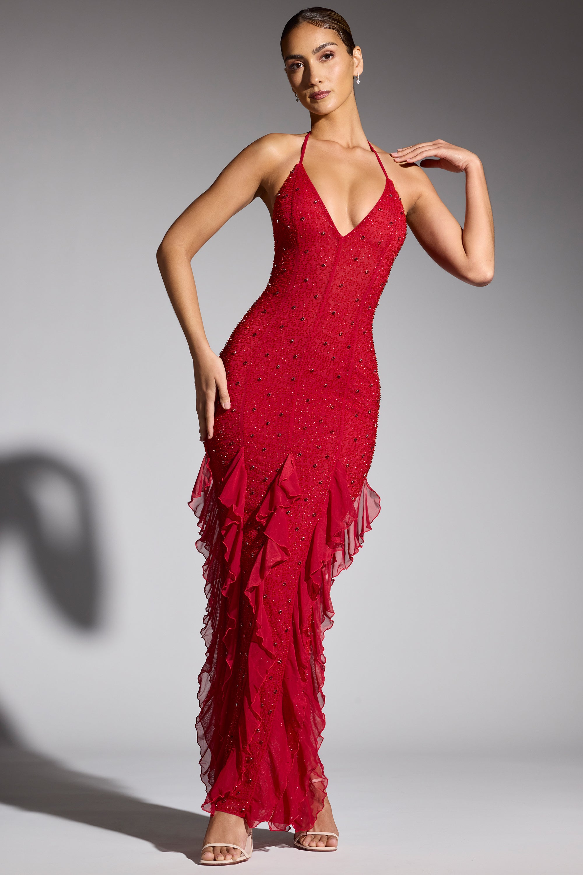 Embellished Halter Neck Ruffle Maxi Dress in Red、mySite、solidvoid