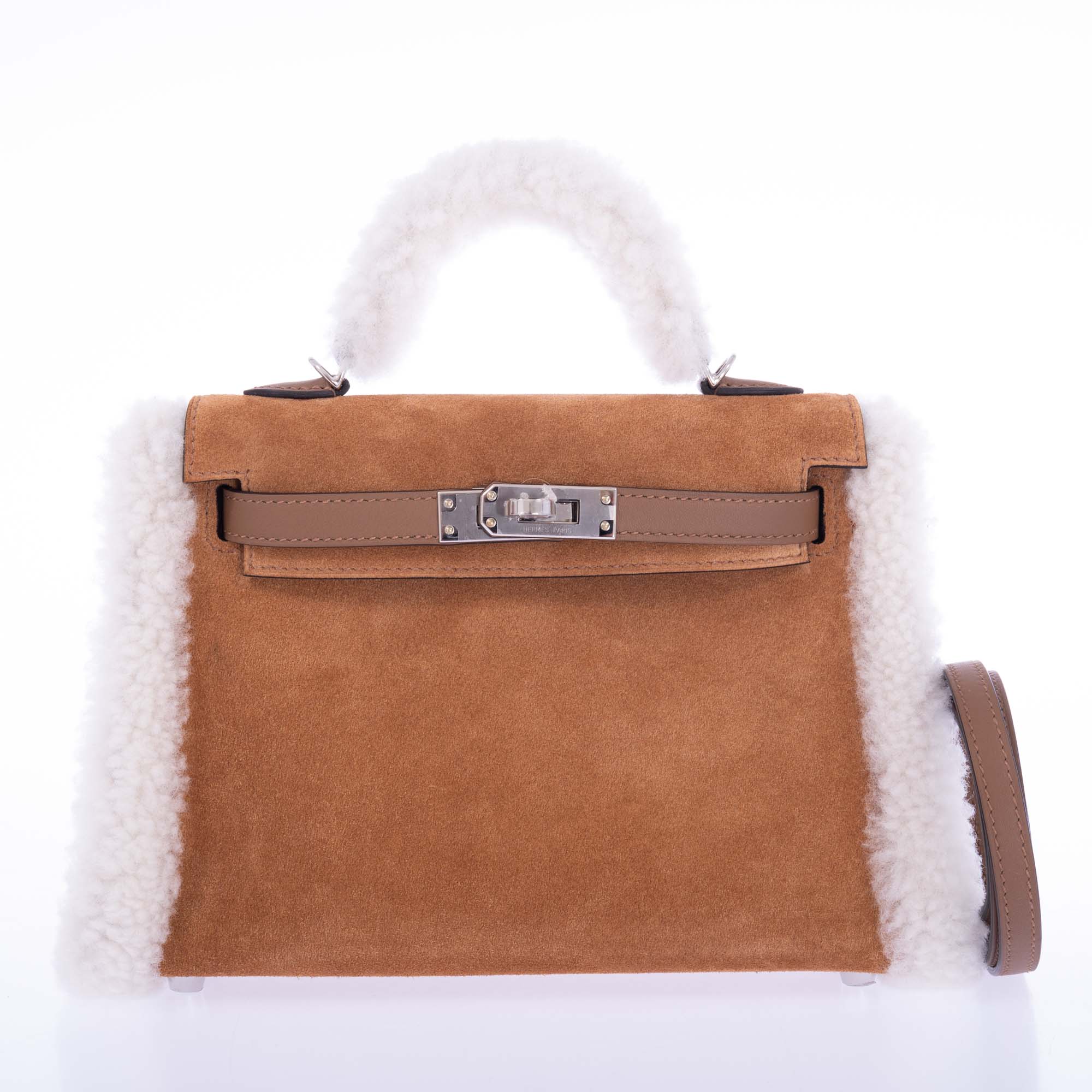 Hermès Teddy Mini Kelly 20 Chamois Grizzly, Alezan Swift and Ecru Mouton Shearling Palladium、mySite、garminoutage.com