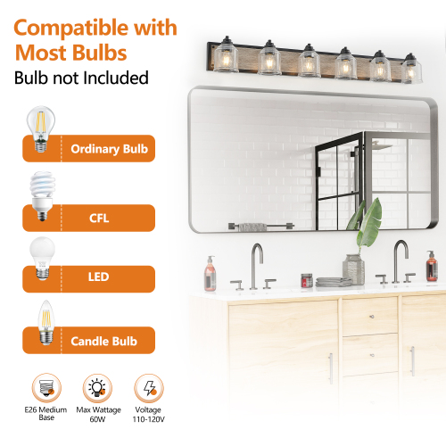 40&quot; Farmhouse Vanity Light Fixture, 5-Light Bathroom Wall Sconce with Clear Seeded Glass Shades, Black and Wood Grain Finish, Modern Industrial Design for Bathroom or Powder Room (No Bulbs)、、eastwooduniform