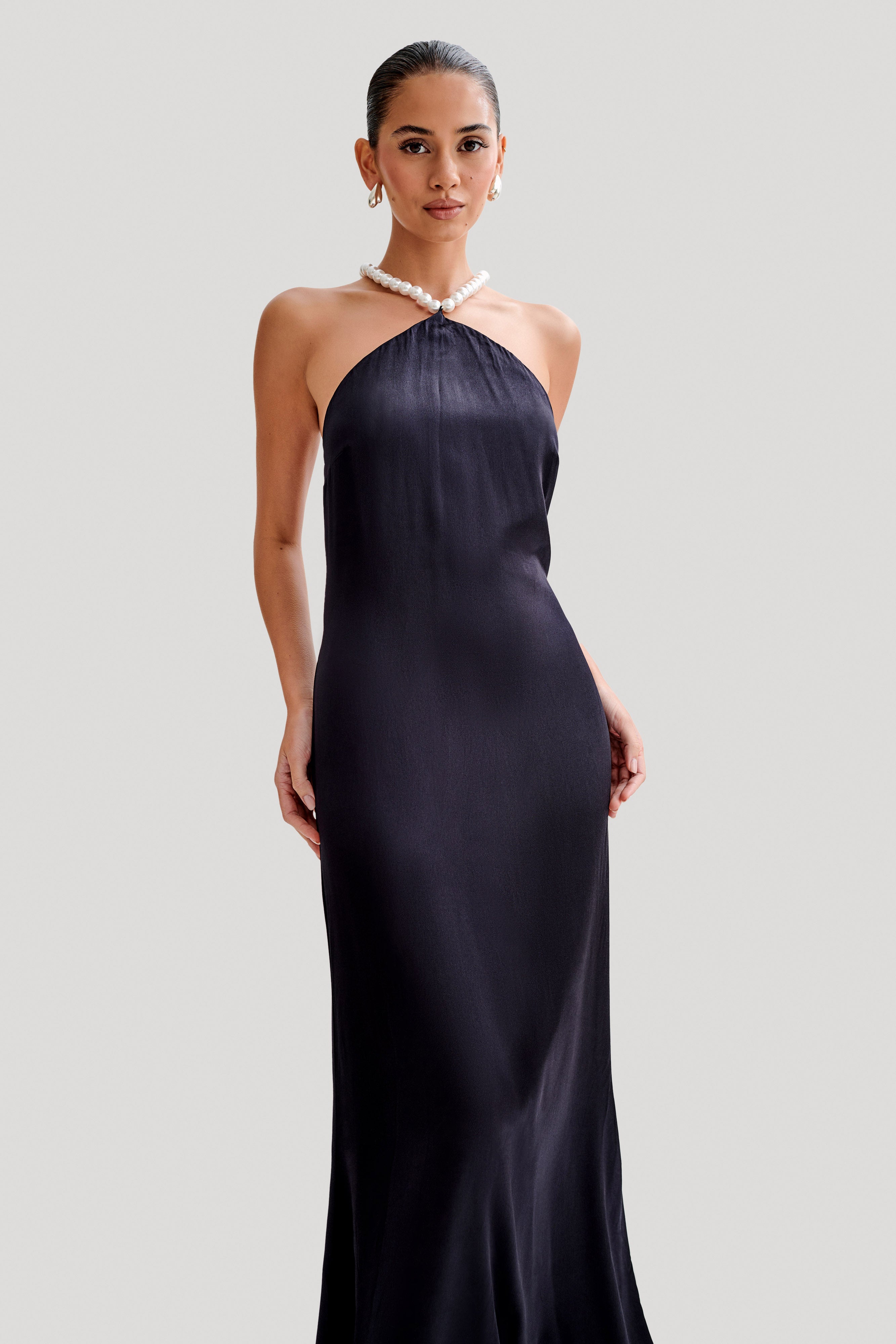 Blanche Satin Pearl Halter Maxi Dress - Black、mySite、solidvoid