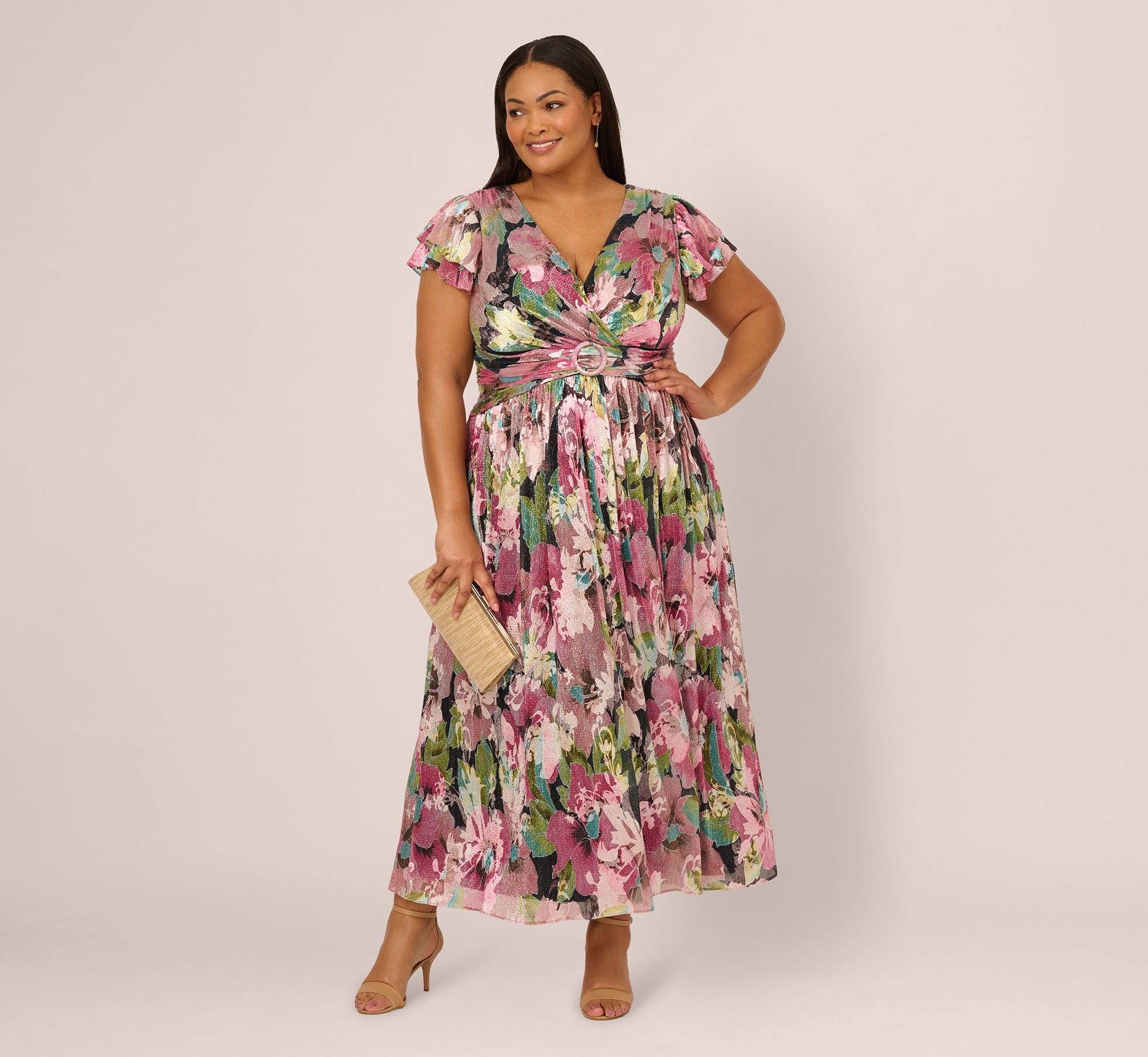 Plus Size Flutter Sleeve Metallic Floral Gown In Navy Pink Multi、mySite、solidvoid