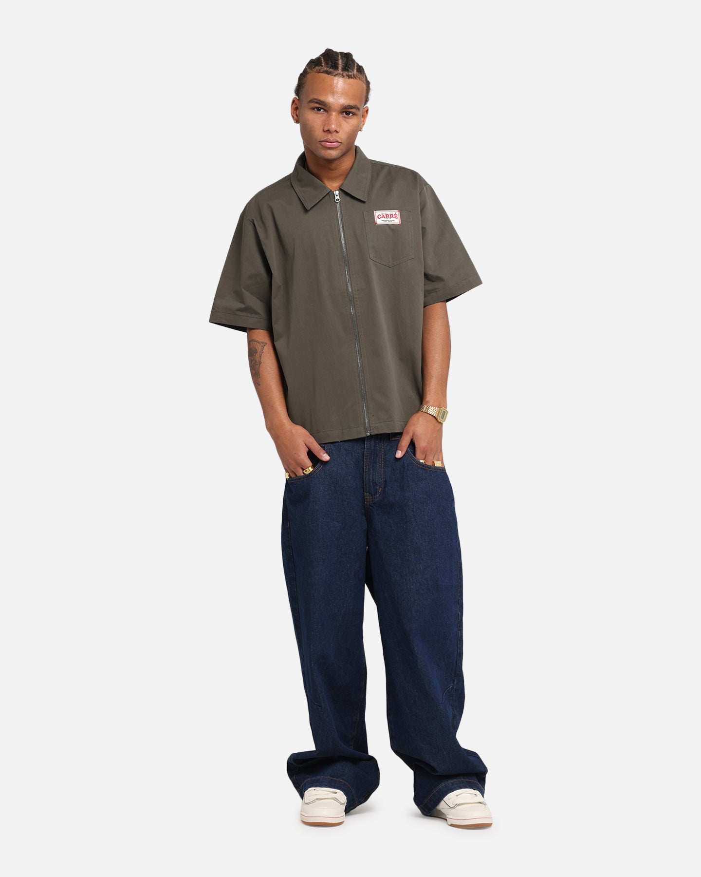 Carre Workwear Zip Up Shirt Khaki、mySite、zt4zffjzw