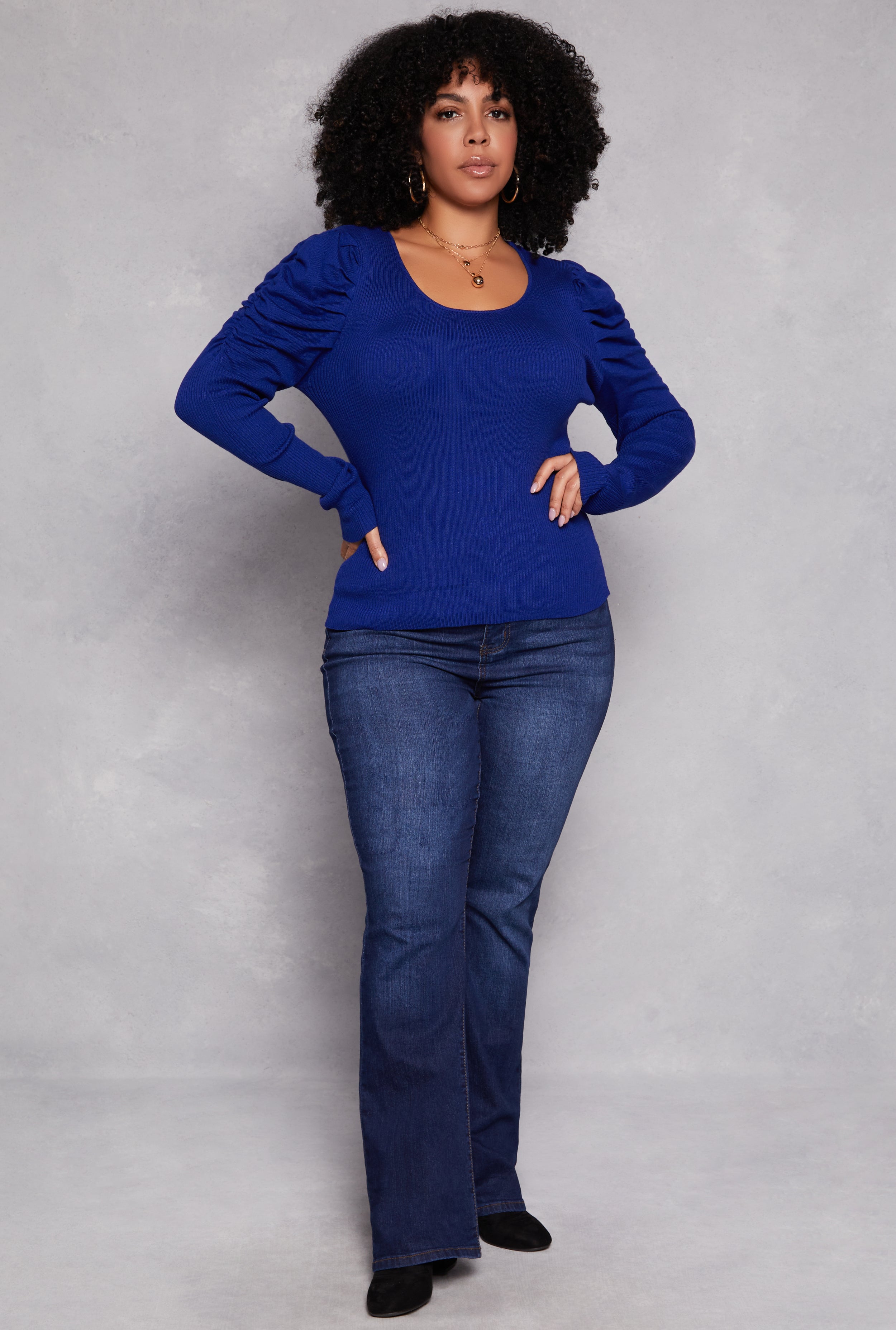 Plus Size Ruched Puff Sleeve Sweater、mySite、camillekostekn