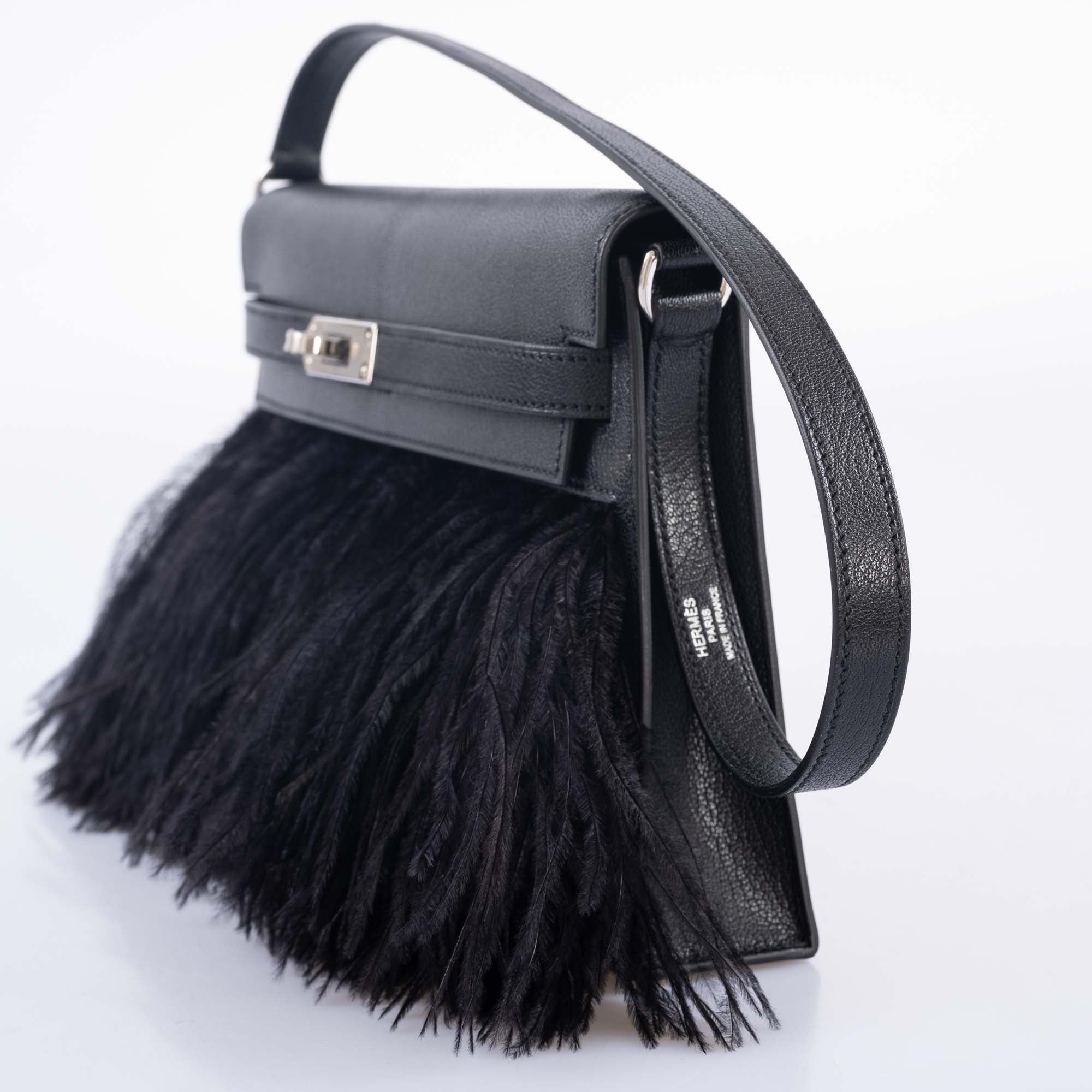 Hermès Feather Kelly Elan Black Chevre and Ostrich Feathers Palladium Hardware、mySite、garminoutage.com