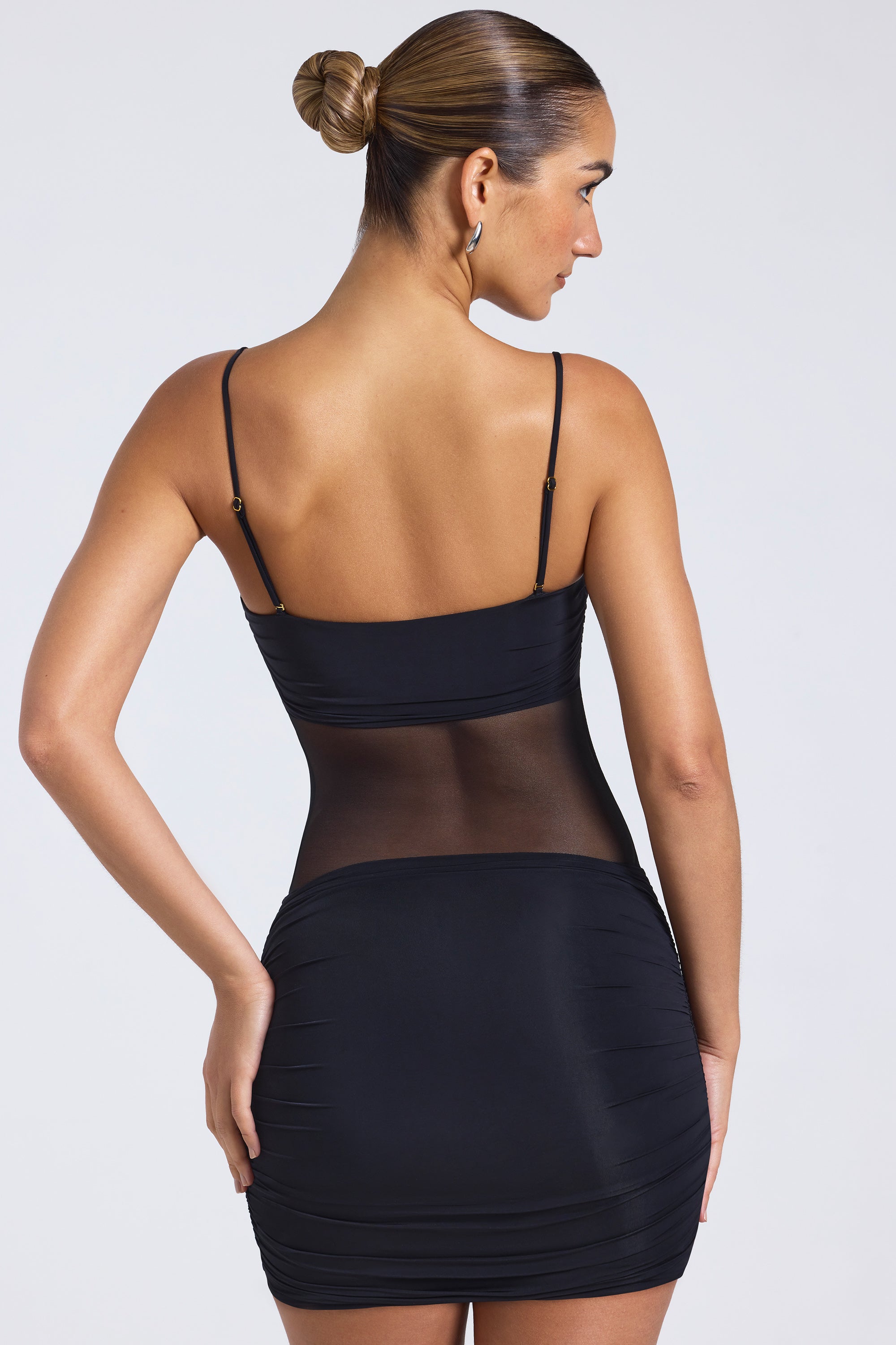 Sheer Panelled Ruched Mini Dress in Black、mySite、solidvoid