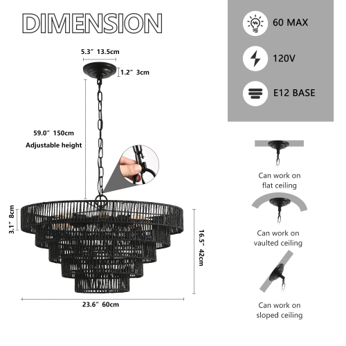 20" Rustic 4-Tier Black Hemp Rope Pendant Light Chandelier with 6 E12 Sockets, Handmade Tiered Boho Ceiling Light Fixture for Dining Room, Kitchen, or Foyer (Bulb Not Included)、、eastwooduniform