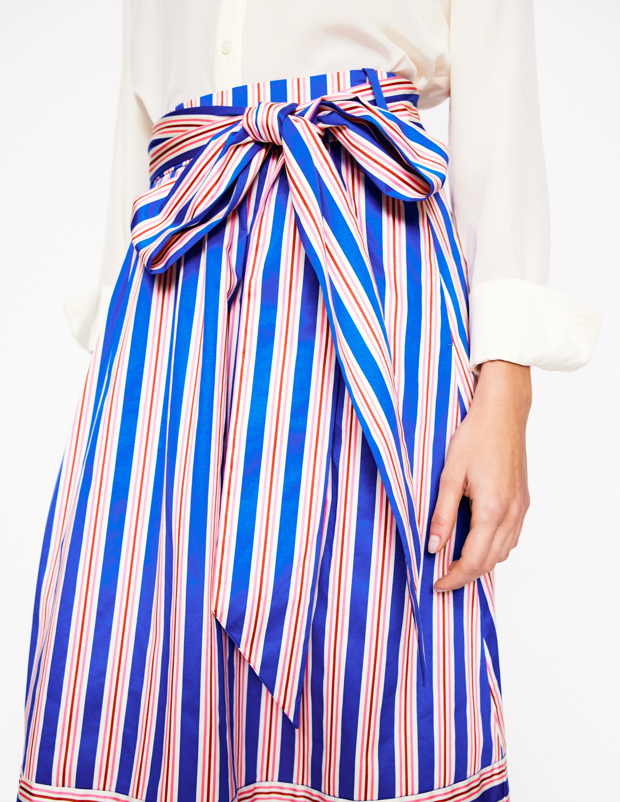  Tie Belt Sateen Midi Skirt-Blue and Terracotta Stripe、mySite、ashleygrahame