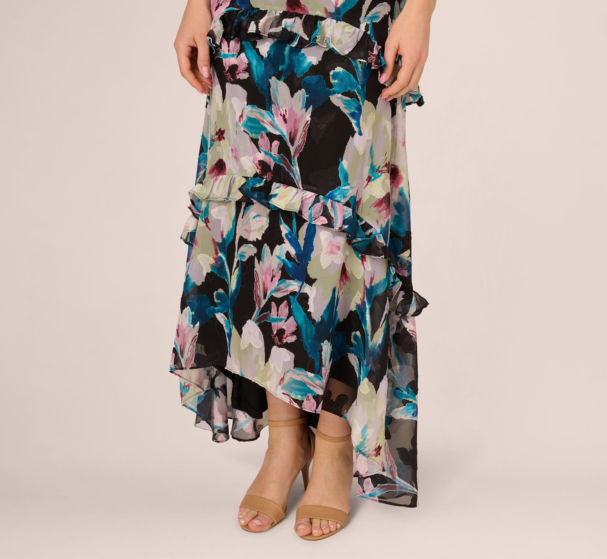 Sleeveless Floral Chiffon High Low Ruffle Gown In Black Multi、mySite、solidvoid