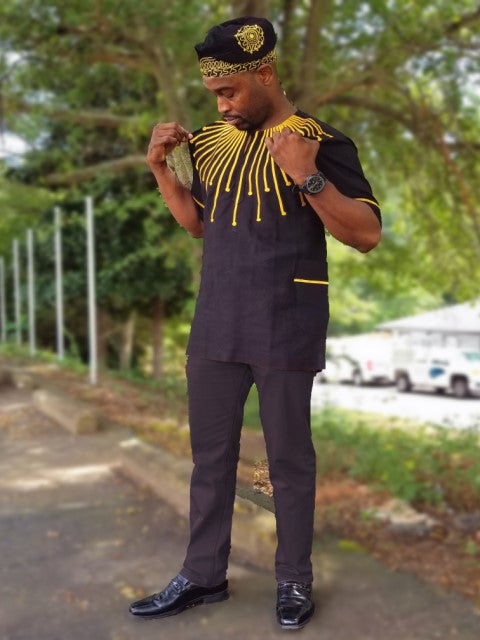 Gold Embroidered Black Panther Dashiki Pant Set-DPBLKP4TP、mySite、solidvoid
