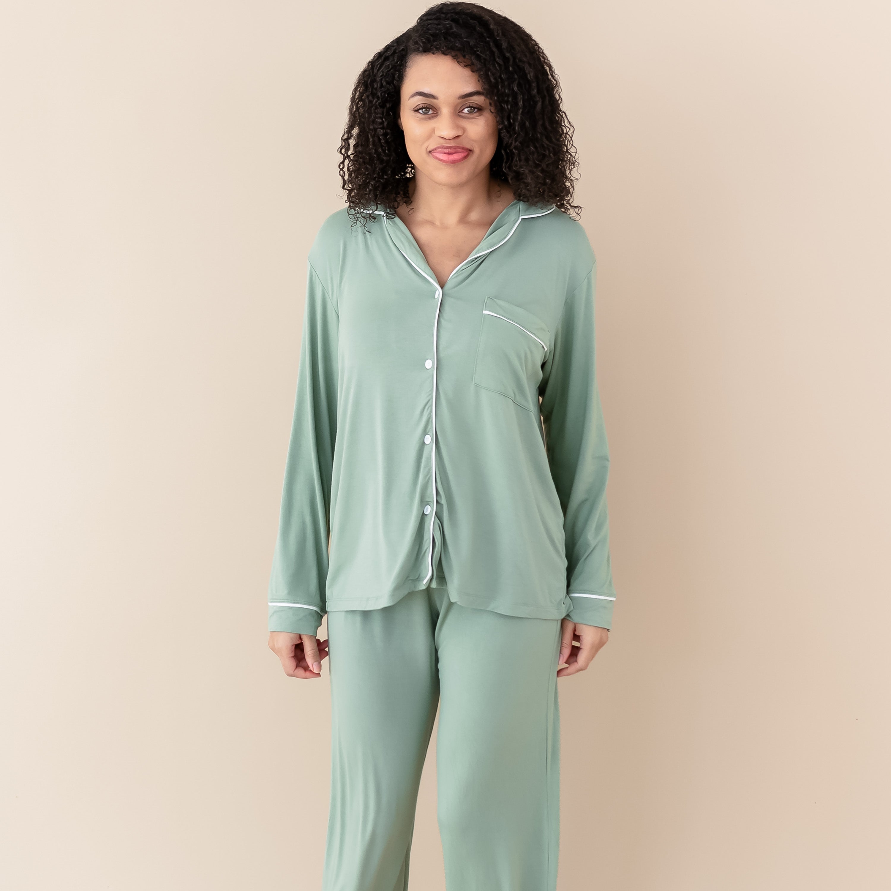  Women's Long Sleeve Pajama Set in Thyme with Cloud Trim、mySite、layawaytickets