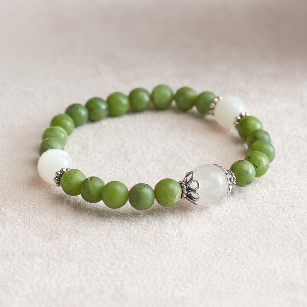 Matte Canadian Jade and Moonstone Stretchy Wrist Mala Bracelet、mySite、topwebapps