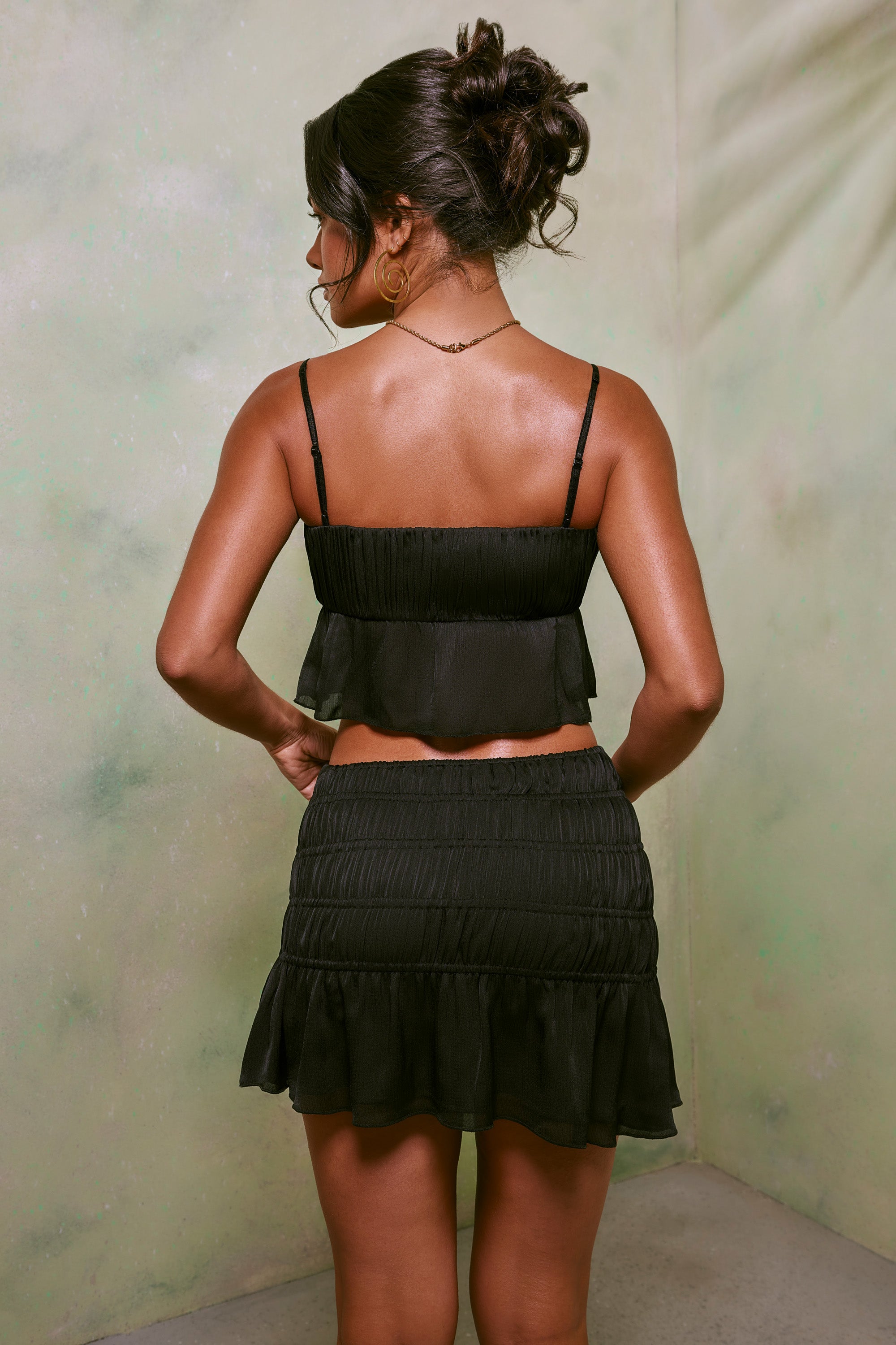 Shirred Tie Up Front Crop Top in Black、mySite、solidvoid