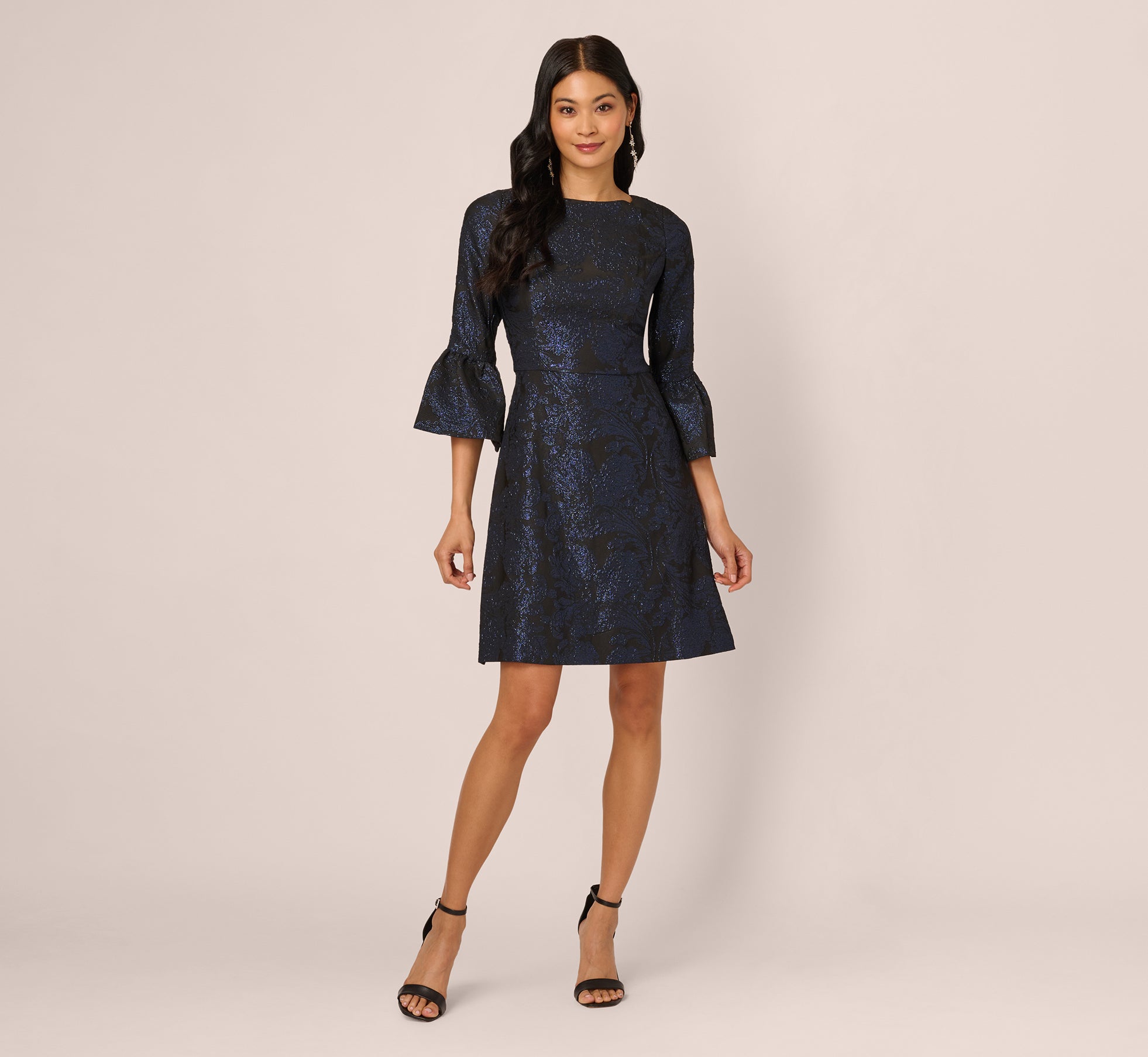 Three Quarter Bell Sleeve Short Jacquard Dress In Navy Black、mySite、solidvoid