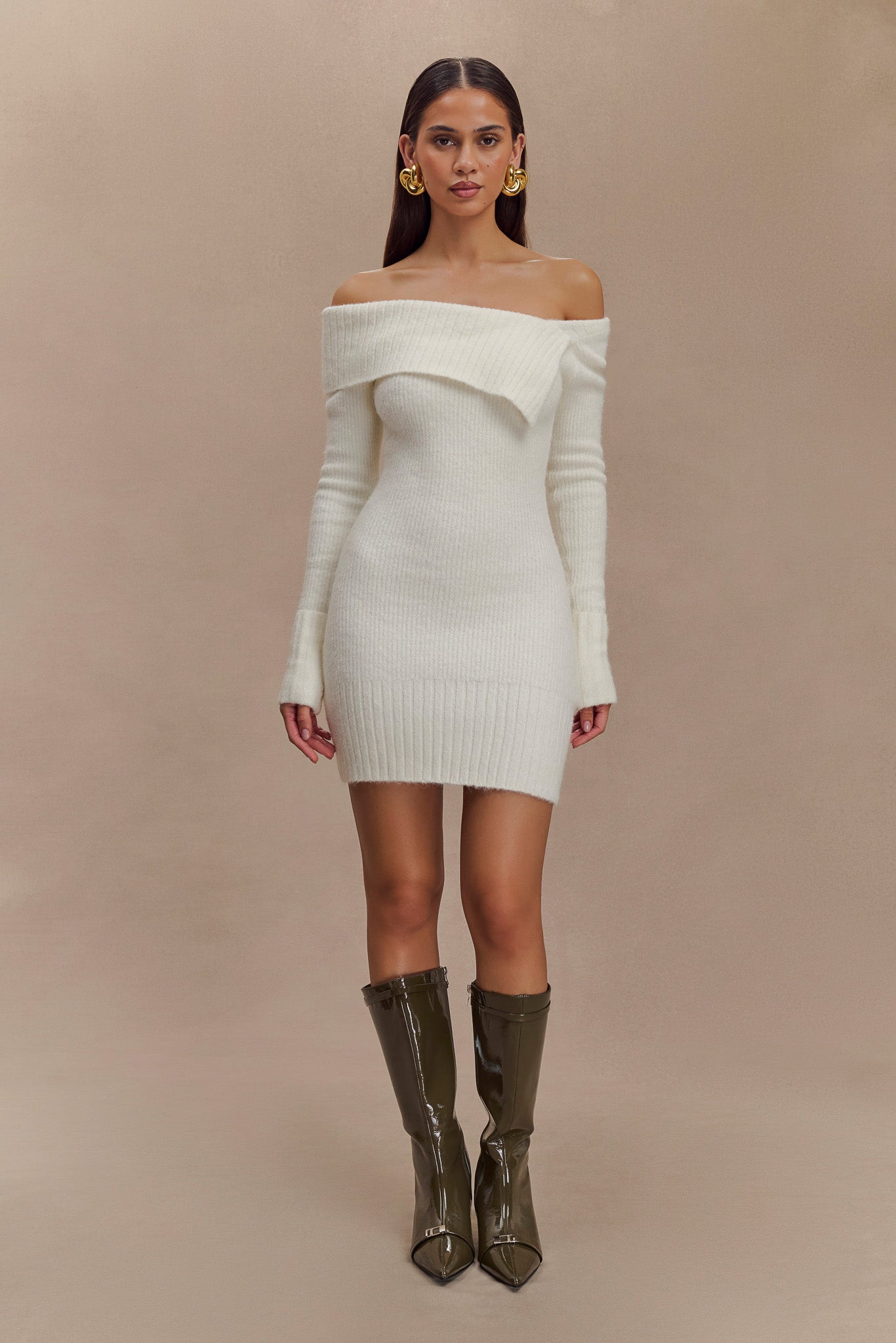 Stephanie Asymmetric Knit Mini Dress - Ivory、mySite、solidvoid