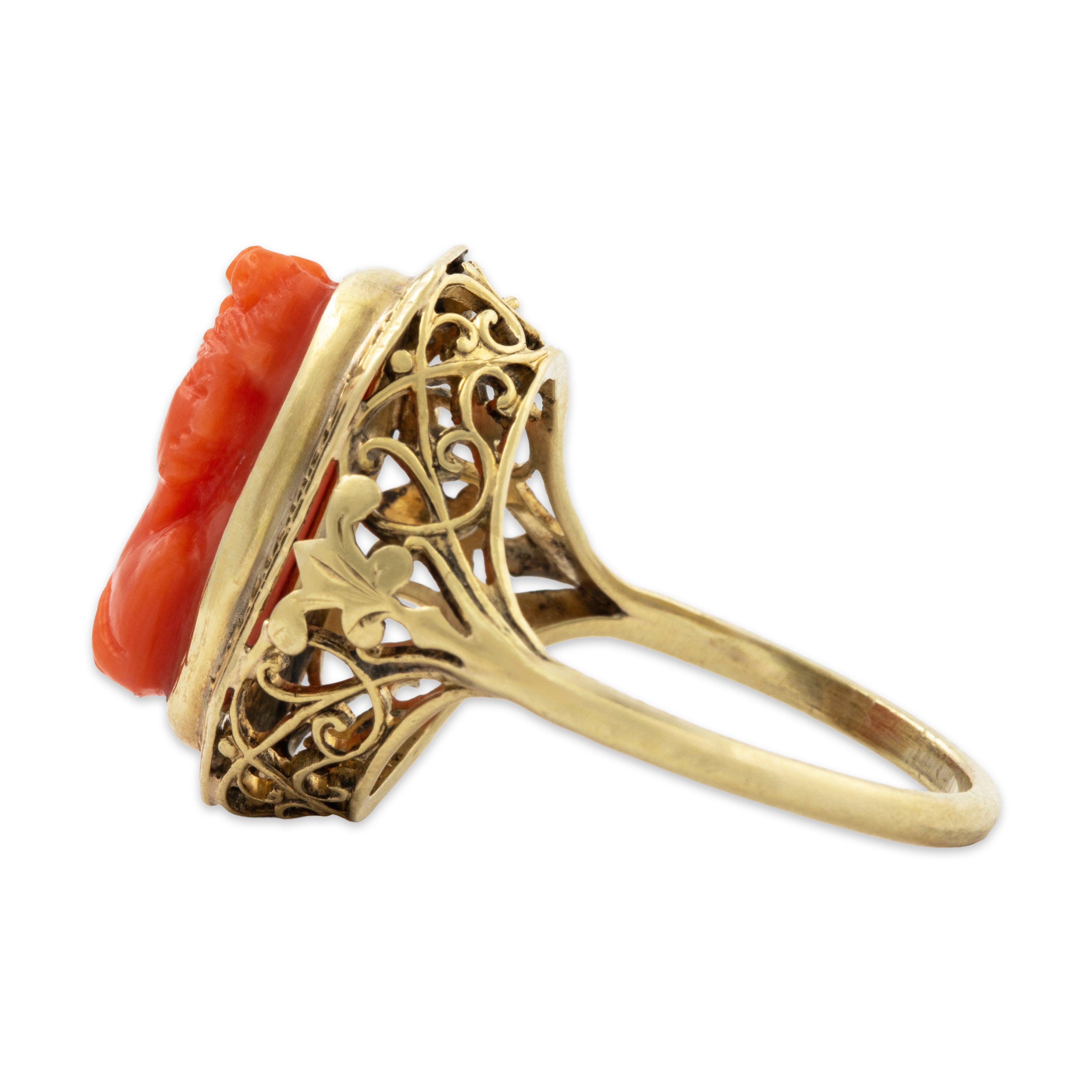 Antique 14k Yellow Gold 3.89ct Coral Openwork With Woman Cameo Ring 5.75、mySite、hinf8tx79