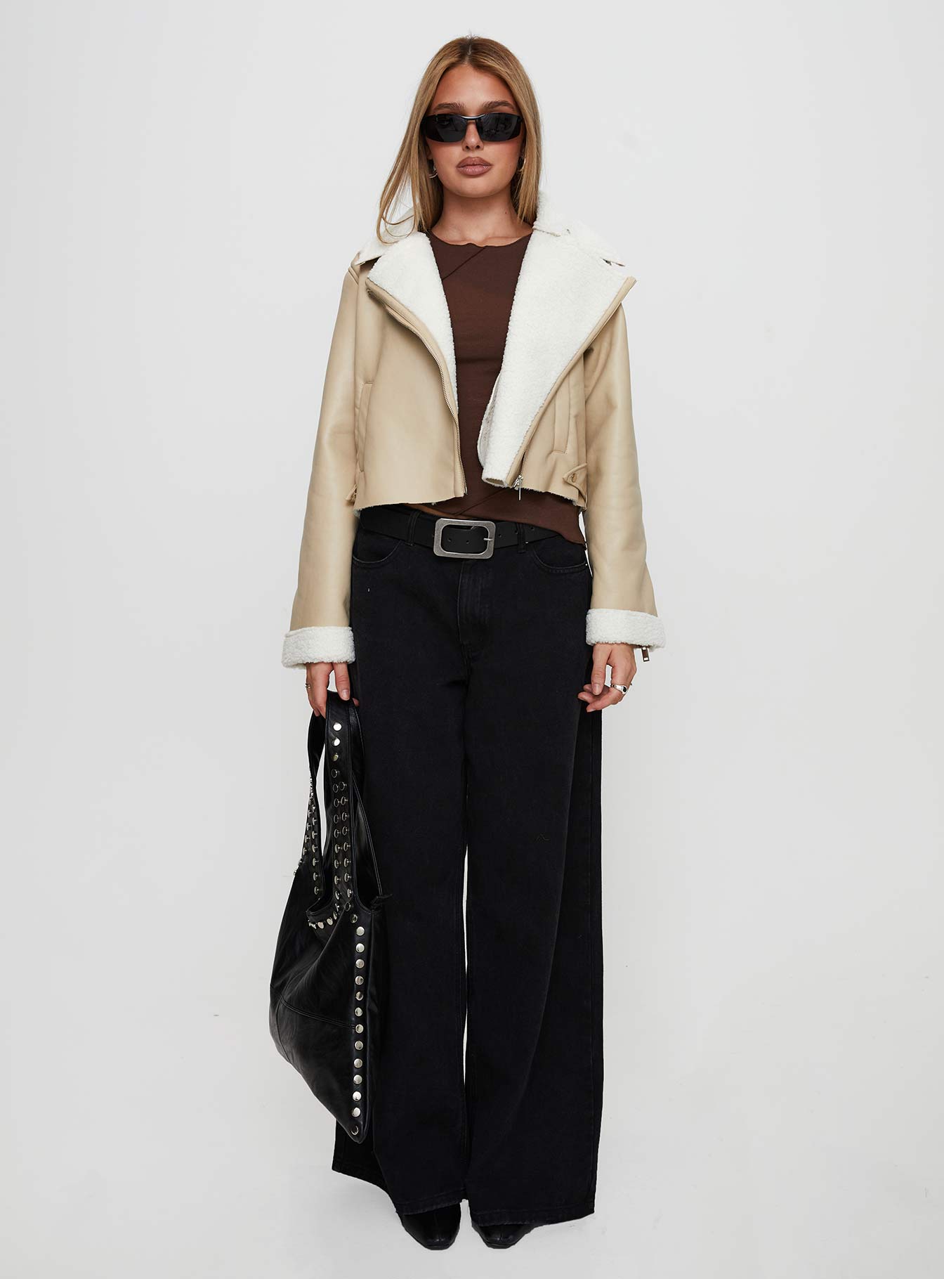 Shearling Trim Faux Leather Jacket Beige、mySite、solidvoid
