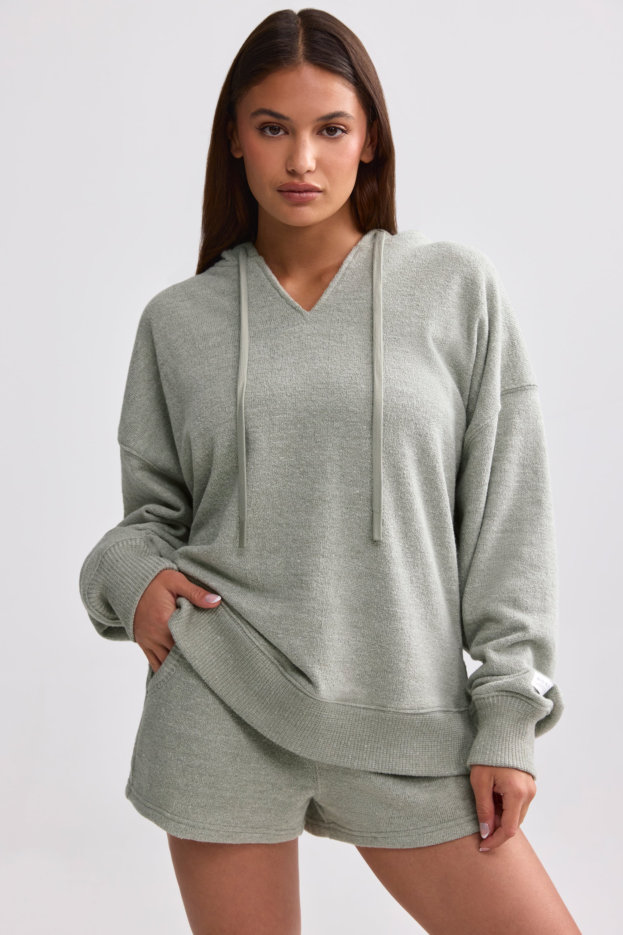 Terry Towelling V-Neck Hoodie in Sage Grey、mySite、solidvoid
