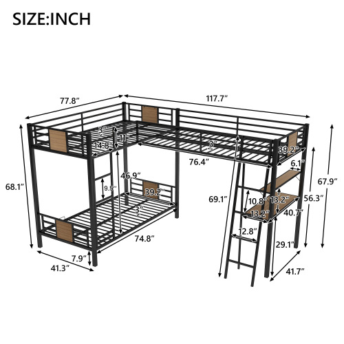 L-Shaped Twin over Twin Bunk Bed with Twin Size Loft Bed with Desk and Shelf ,Brown、、casual