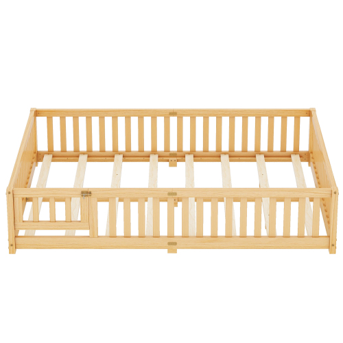 Twin Size Bed Floor Bed with Safety Guardrails and Door for Kids, Natural(Old SKU: W158090686)、、casual