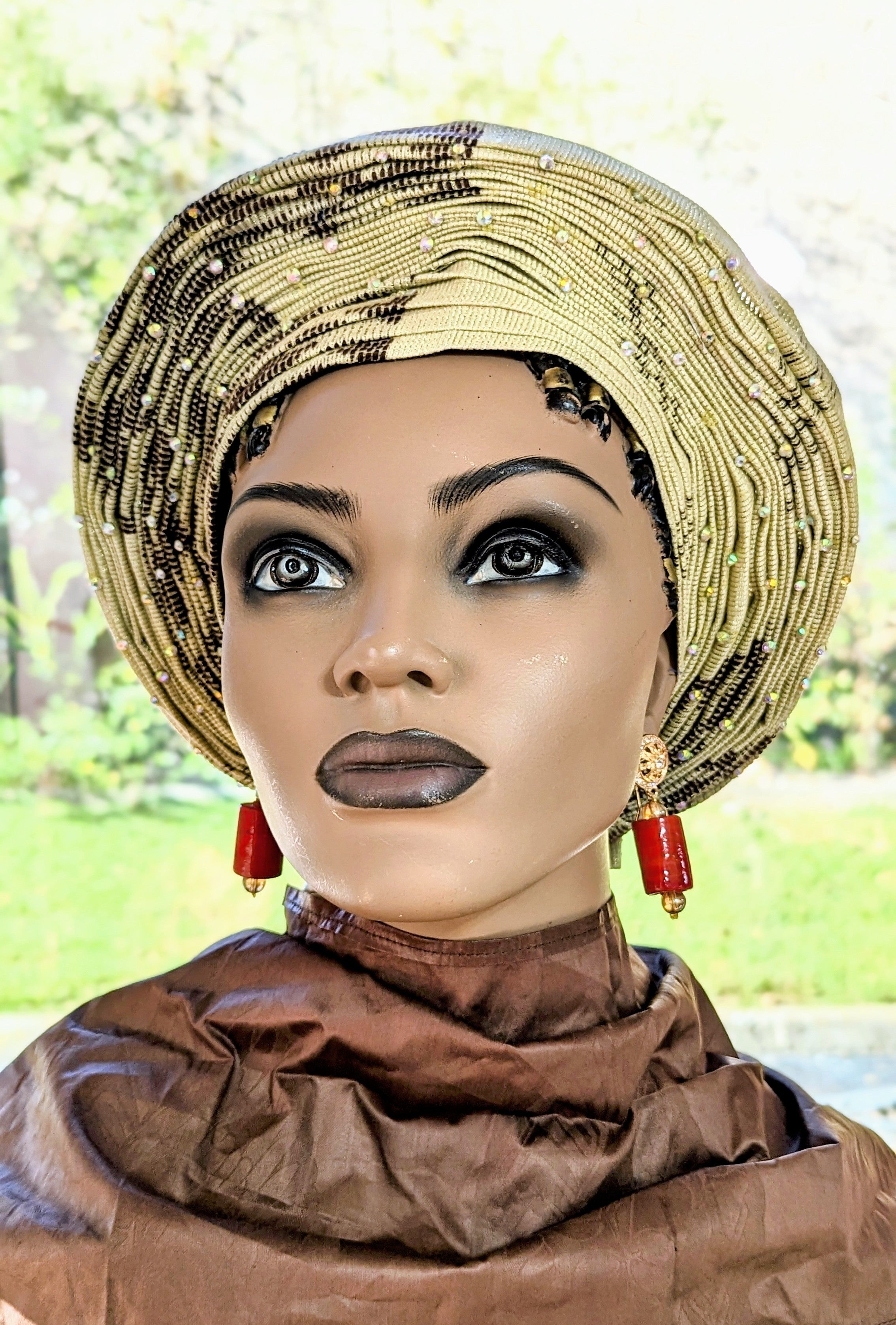 Adefewa Tan with Brown patterns Aso Oke African head tie Autogele pre-tied head wrap-DPAGPTB56、mySite、solidvoid