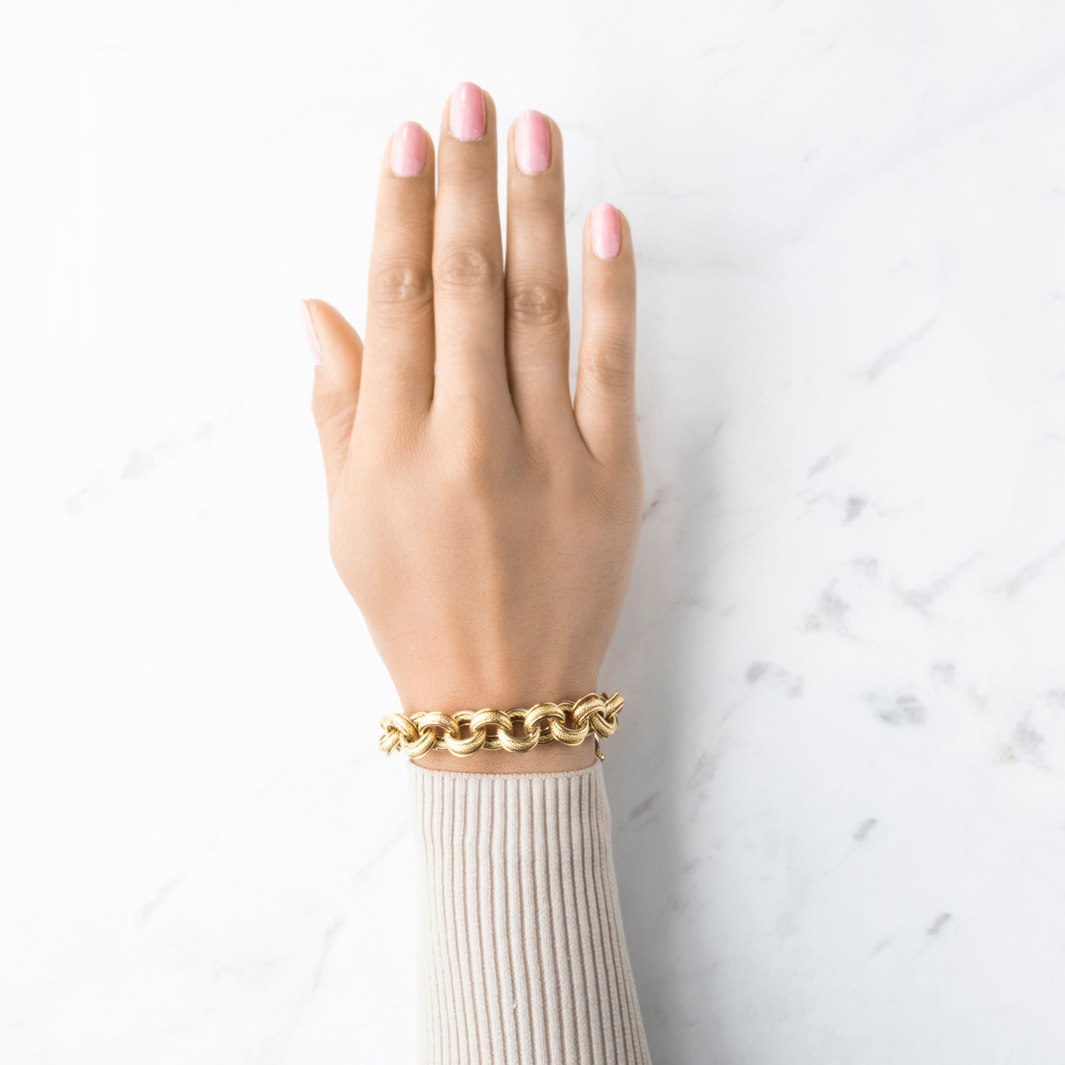 Vintage Italian 14k Yellow Gold Dual-Texture Chunky Round Link Bracelet 7.5、mySite、hinf8tx79