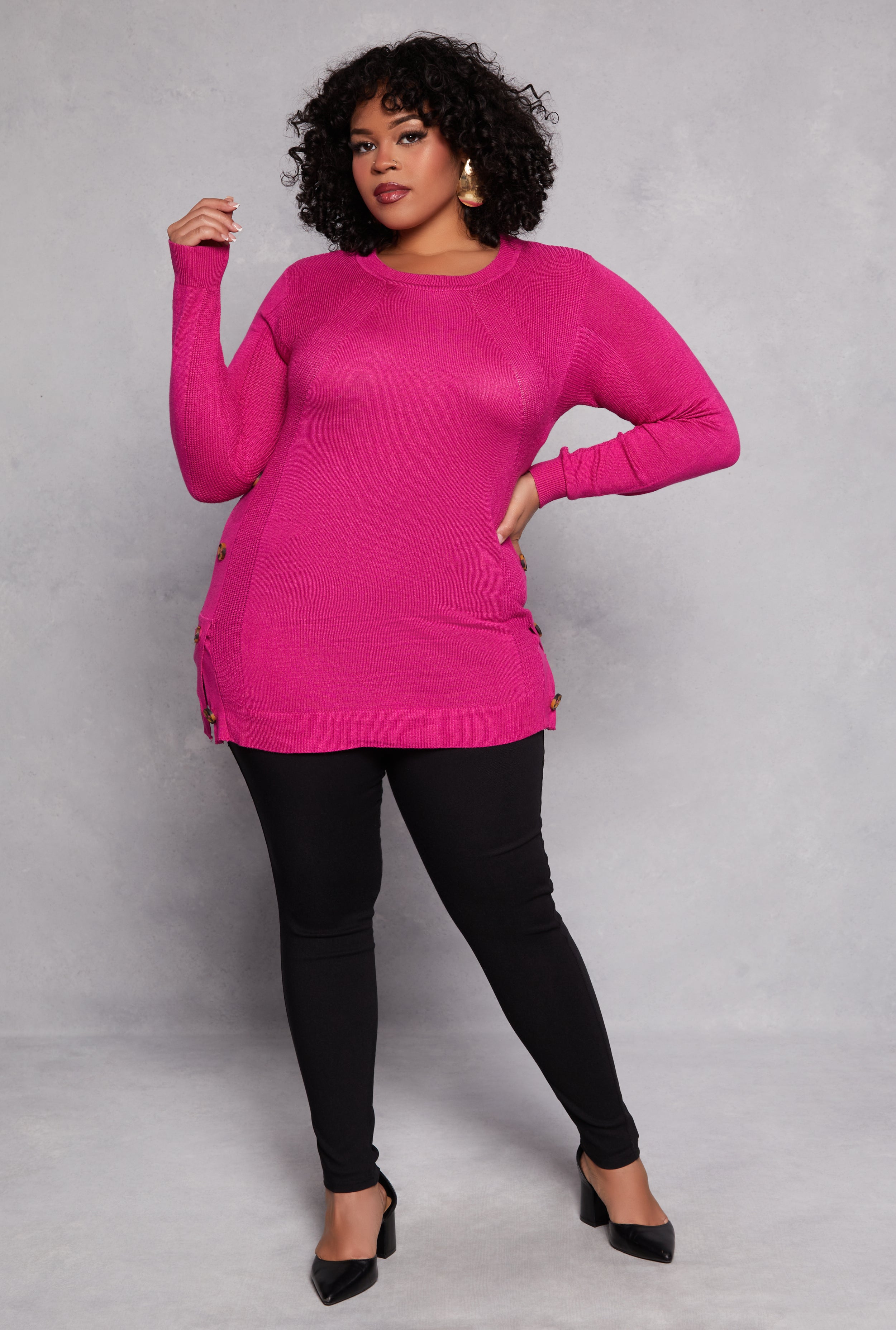 Plus Size Button Side Detail Knit Sweater、mySite、camillekostekn