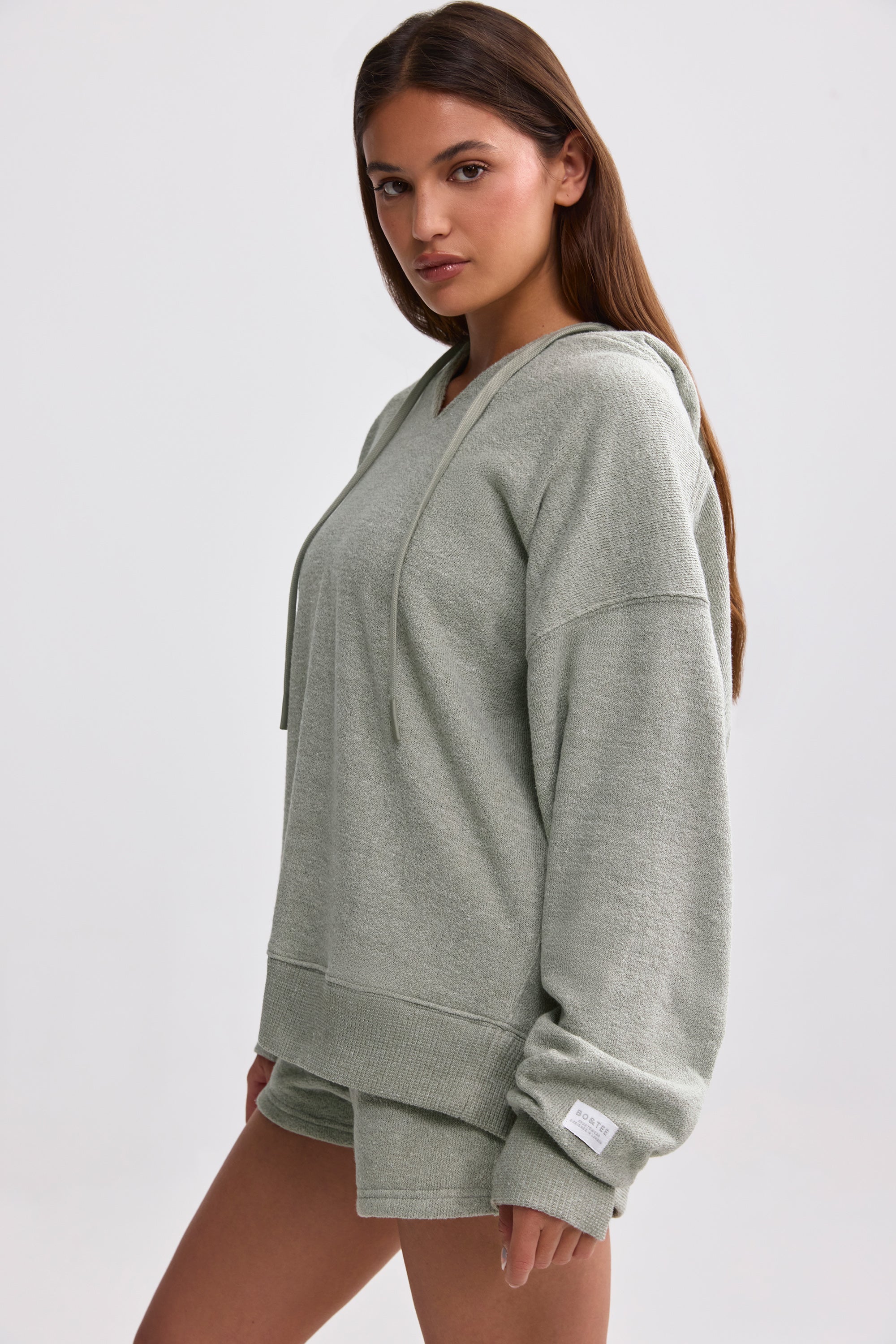 Terry Towelling V-Neck Hoodie in Sage Grey、mySite、solidvoid