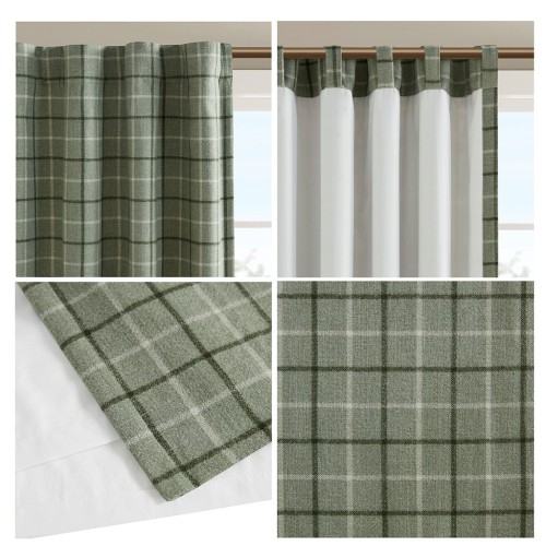 Plaid Rod Pocket and Back Tab Curtain Panel with Fleece Lining Brown 50x84"、、eastwooduniform