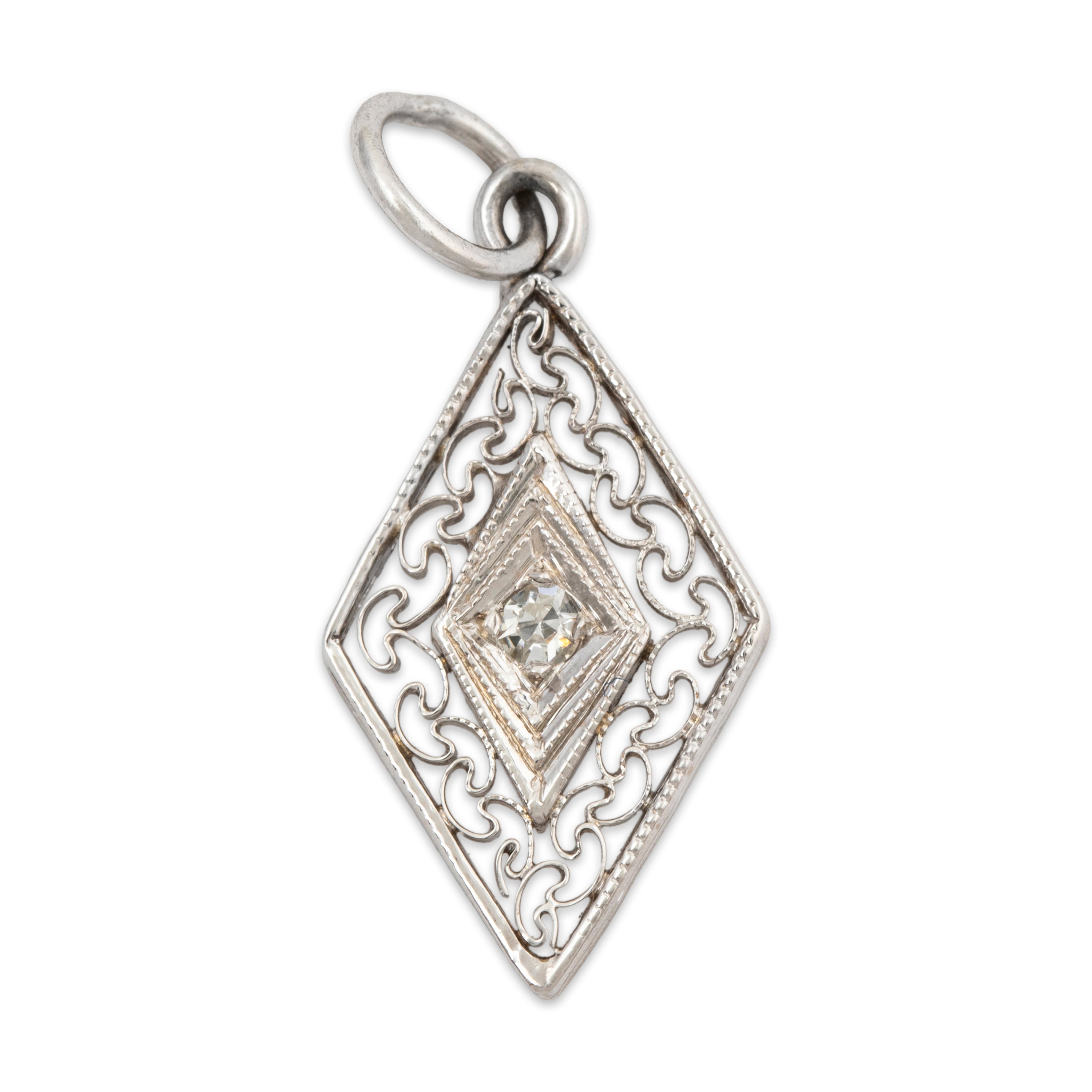 Antique 14k White Gold Diamond Filigree Charm Pendant、mySite、hinf8tx79