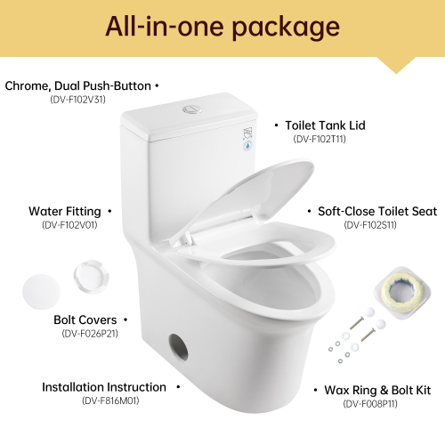 1.1/1.6 GPF Elongated Comfort Height Floor Mounted One-Piece Toilet, CUPC Certified, WaterSense Cetified, Ceramic, White Color, Soft Close Seat、、xpatfood