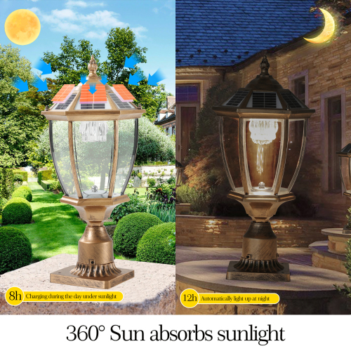 20"(H) Golden Solar Powered LED Outdoor Lantern, Vintage Garden Light with Elegant Glass Design for Pathways, Yards, and Patios (1-Pack)、、eastwooduniform