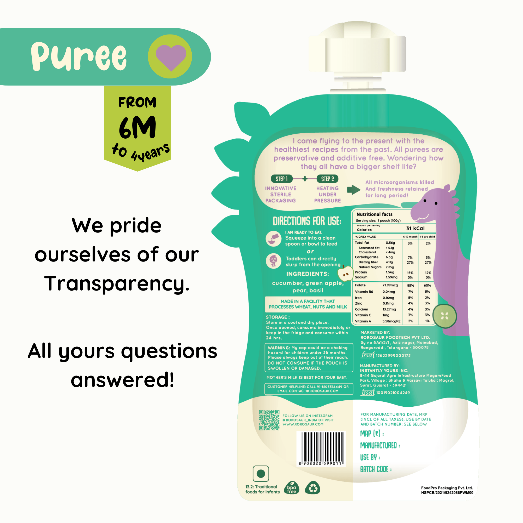 Baby Food | Kids Healthy Snacks | Fruit and Vegetable Puree | Cucumber Basil | 100 g、mySite、camillekostekn