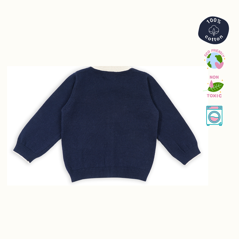 Cotton Jacquard Sweater, Lower & Cap Set | Penguine Printed | Navy Blue & Pink | Set of 3、mySite、camillekostekn