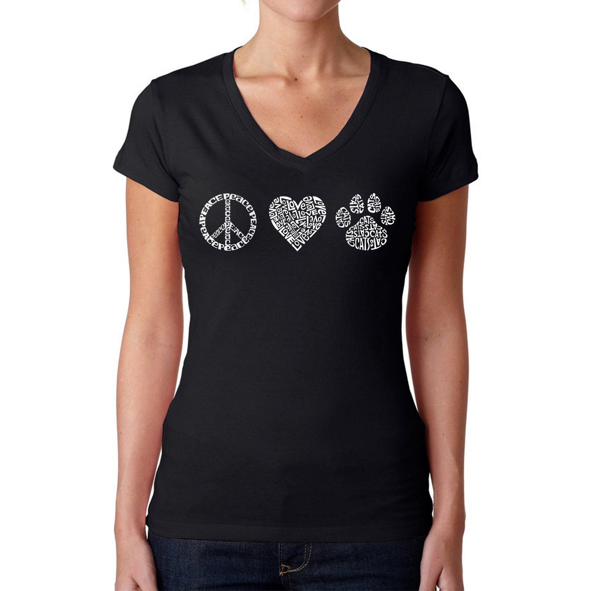 Peace Love Cats - Women's Word Art V-Neck T-Shirt、mySite、camillekostekn