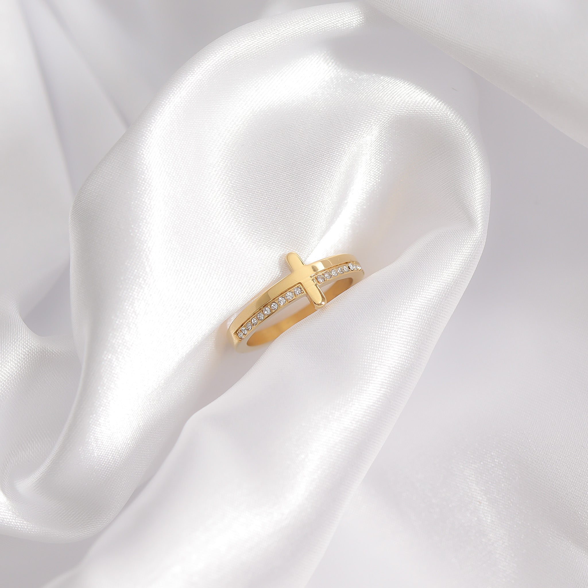 18K Gold PVD Stainless Steel Cross CZ Stone Engraved Stacking Ring / CSR0012、mySite、dreamappss