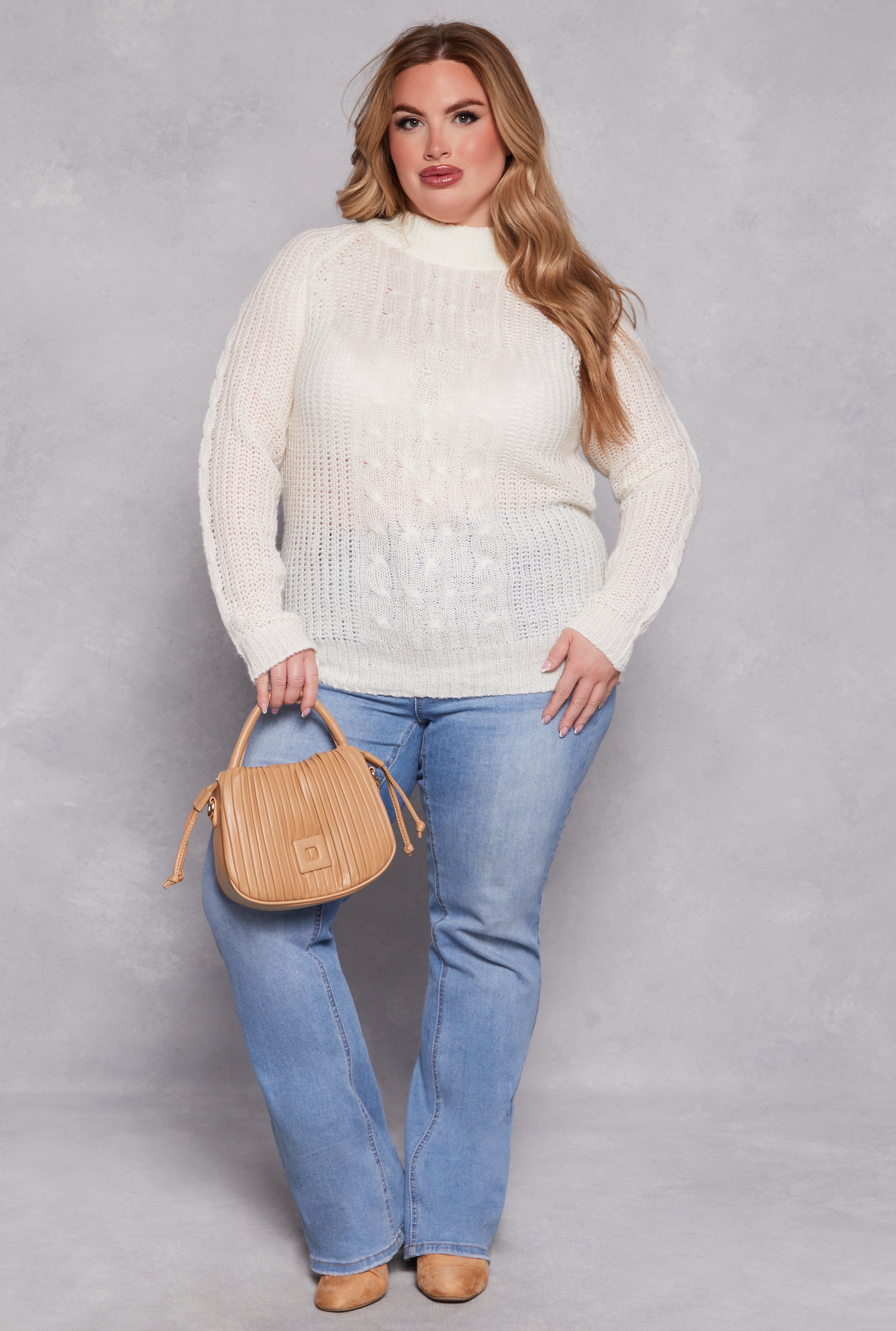 Plus Size Cable Knit Shaker Sweater、mySite、camillekostekn