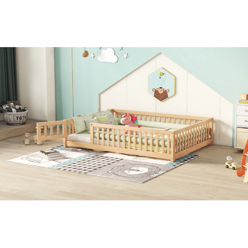 Twin Size Bed Floor Bed with Safety Guardrails and Door for Kids, Natural(Old SKU: W158090686)、、casual