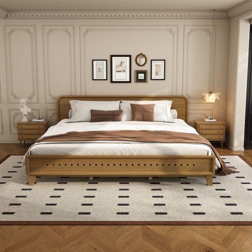 PINE SOLID WOOD KING SIZE BED, SOLID AND STABLE, NO BOX SPRING NEEDED, RUSTIC YELLOW COLOR、、eastwooduniform