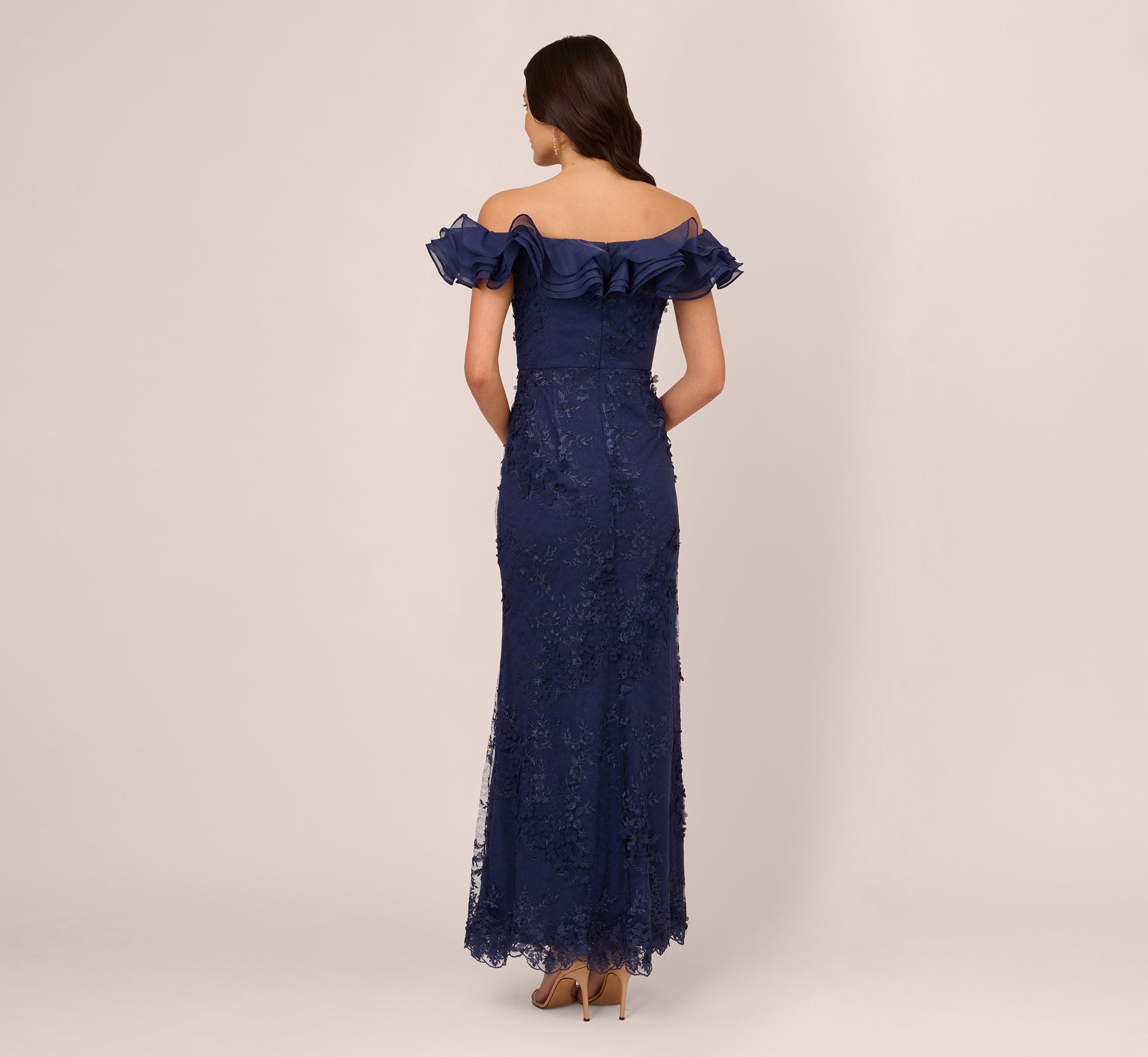 Ruffle Off The Shoulder Floral Lace Gown In Light Navy、mySite、solidvoid