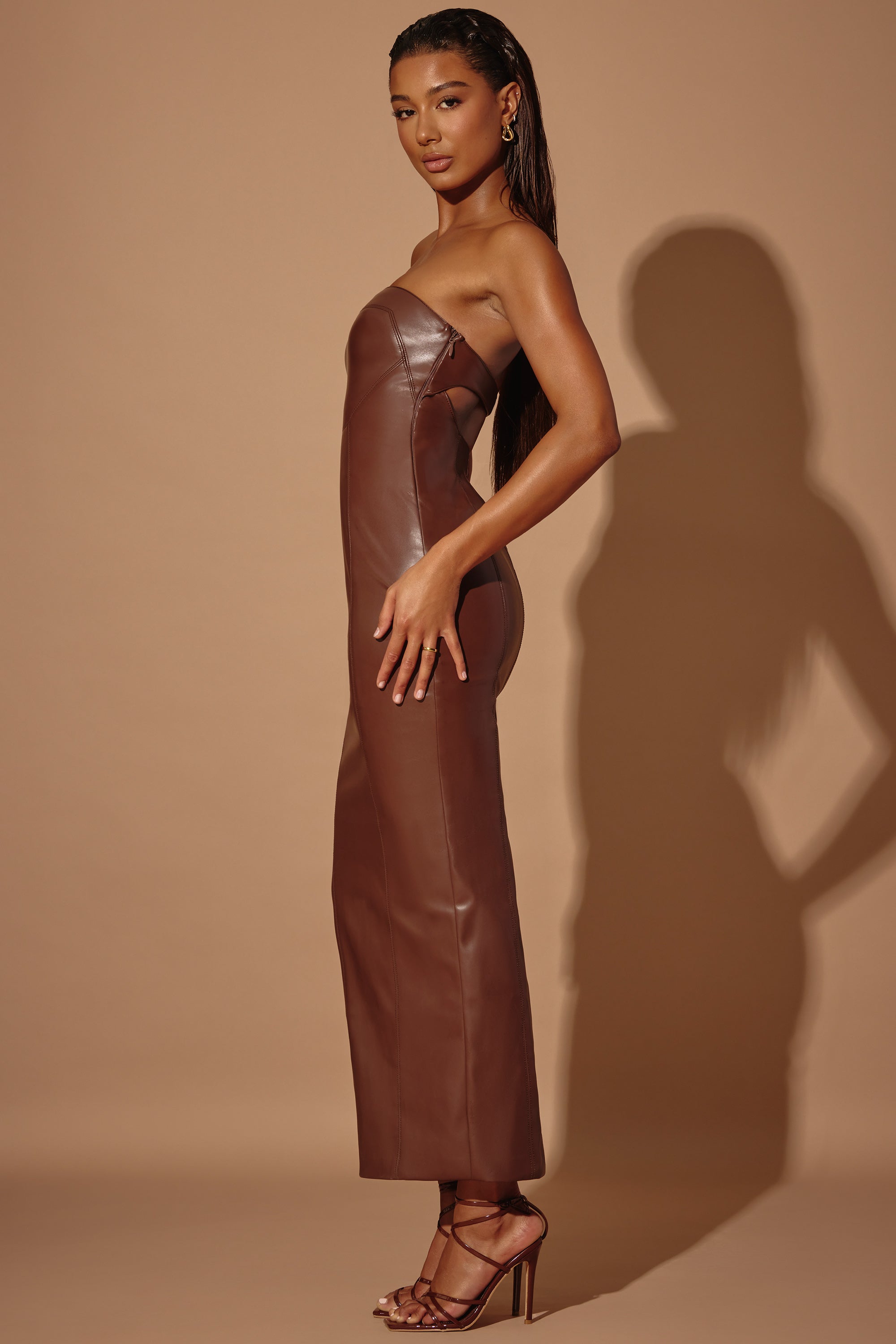 Strapless Vegan Leather Maxi Dress in Brown、mySite、solidvoid