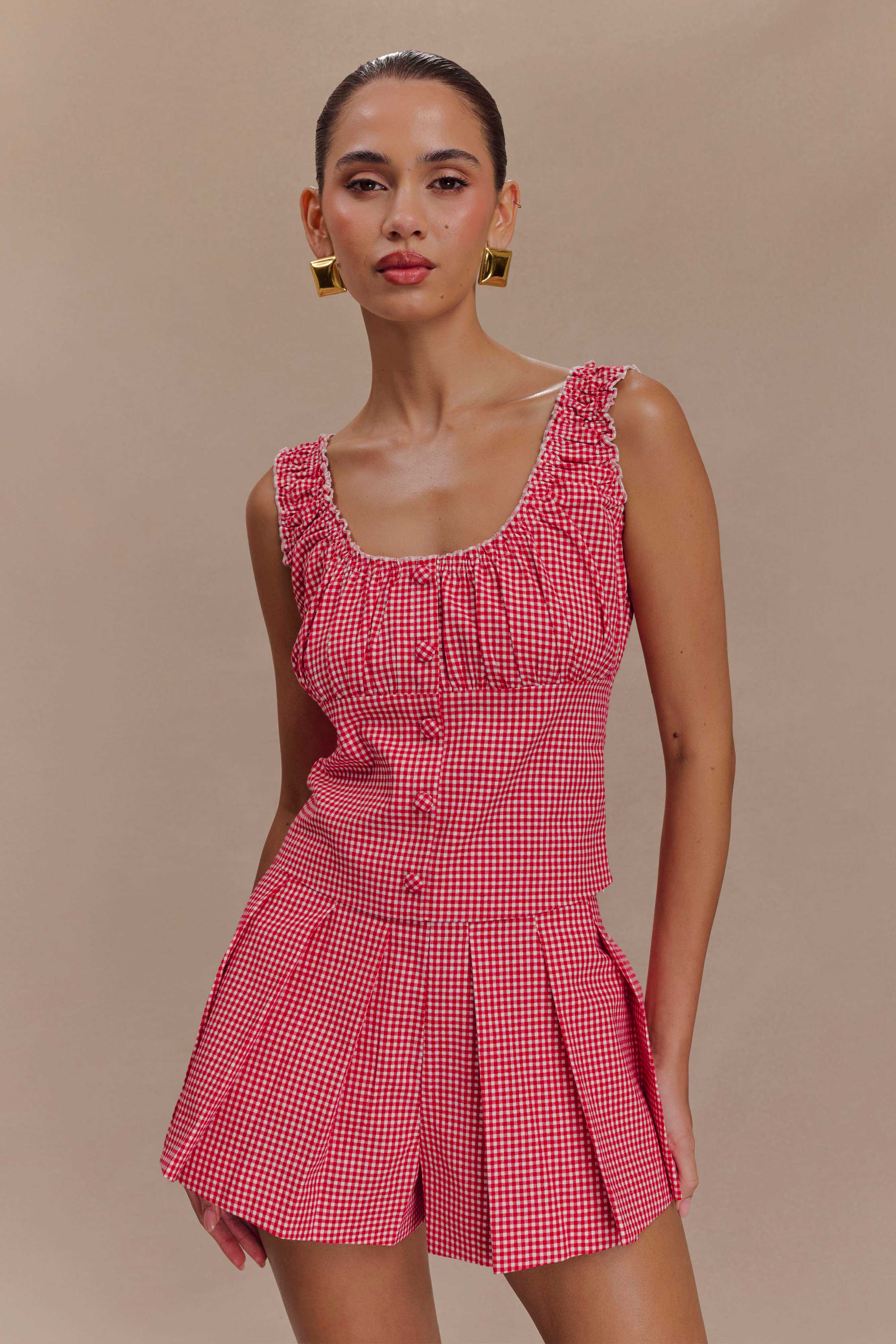 Ines Sleeveless Ruched Top - Red Gingham、mySite、solidvoid