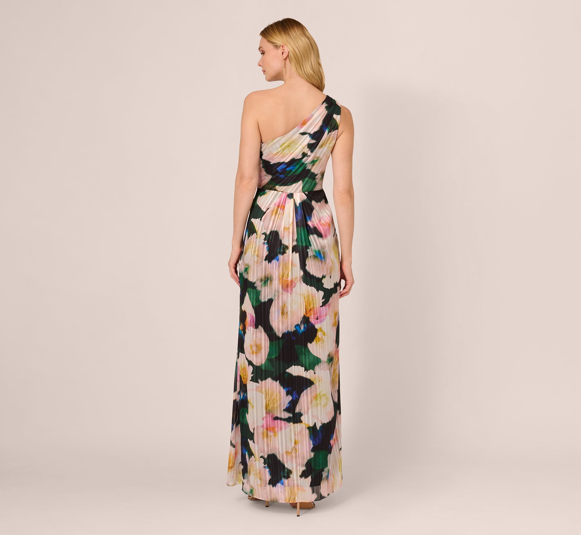 Floral Print Chiffon Gown With One Shoulder Neckline In Black Blush Multi、mySite、solidvoid