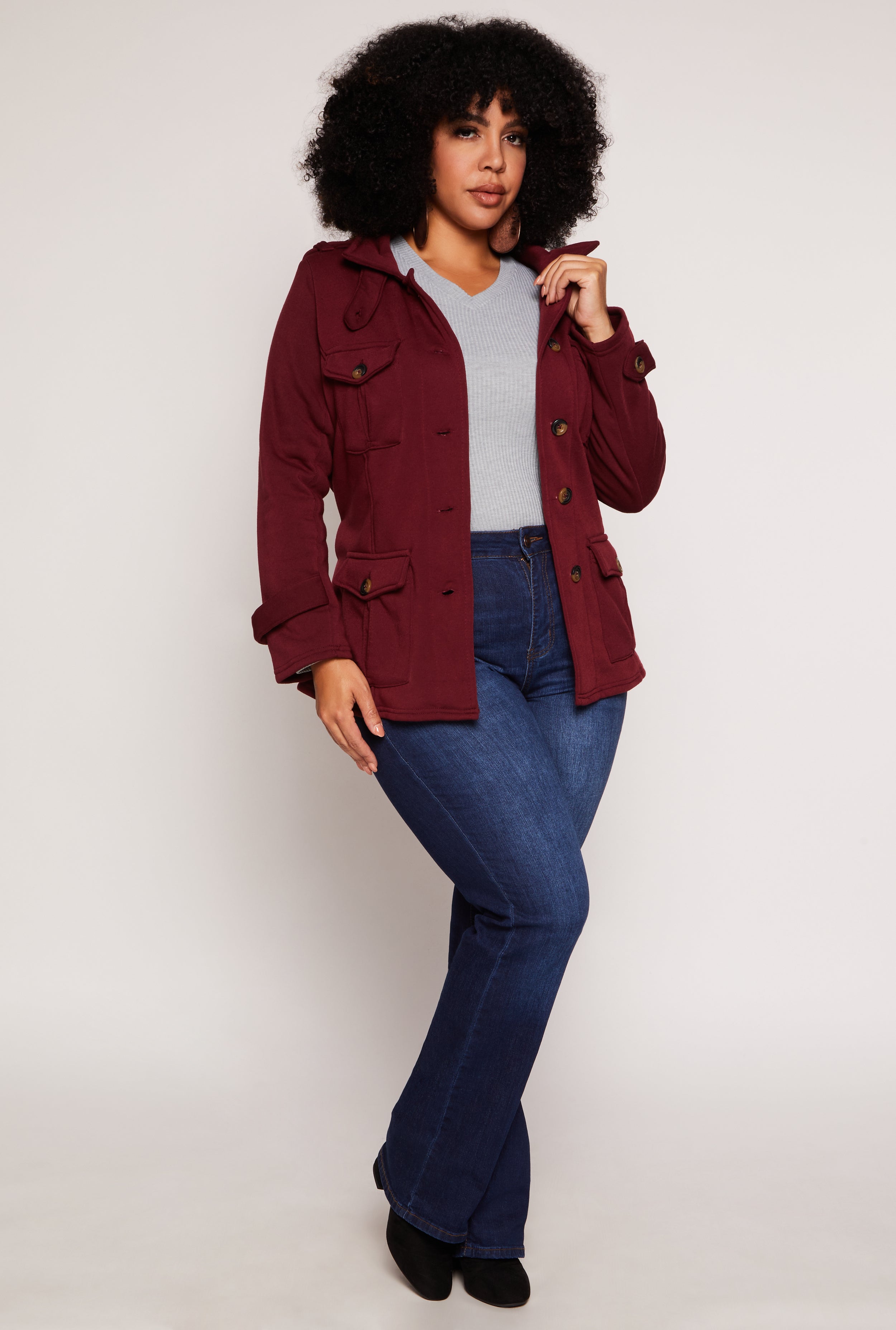 Plus Size Fleece Belted Military Jacket、mySite、camillekostekn