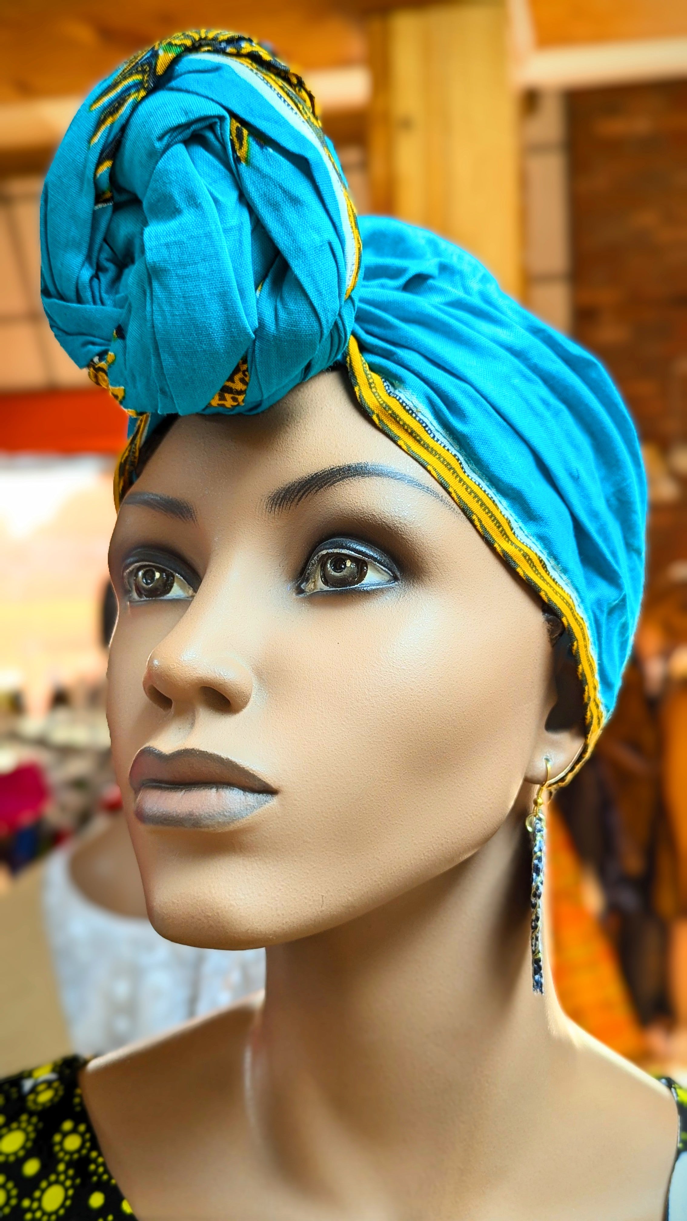Dupsie's Akira Turquoise-Blue Cotton Dashiki Print Pre-Tied Head Wrap Hat DP3769PT8、mySite、solidvoid
